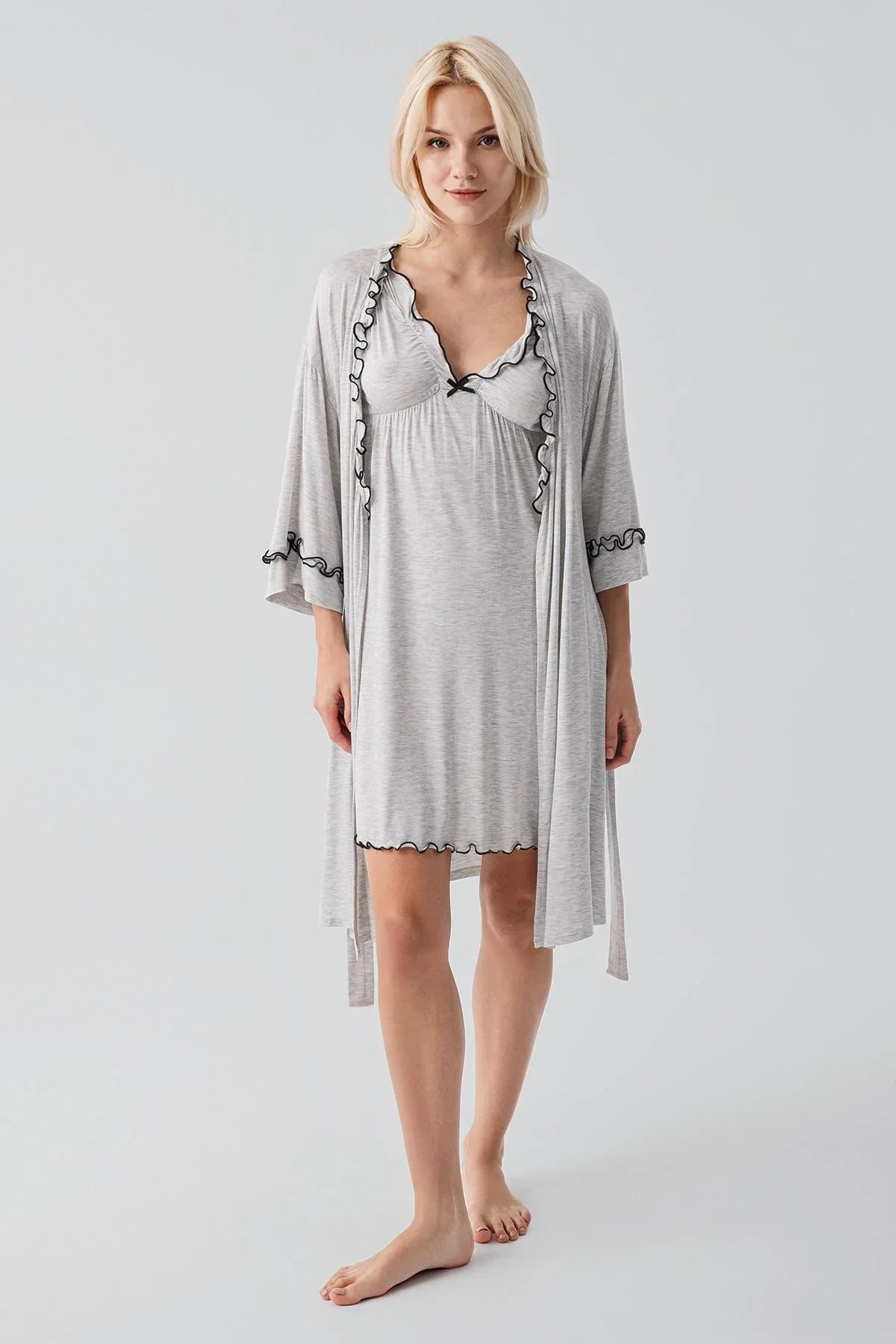 Askılı Kısa Esnek Likralı Viskoz Soft Hamile Sabahlık Gecelik Takım 19400