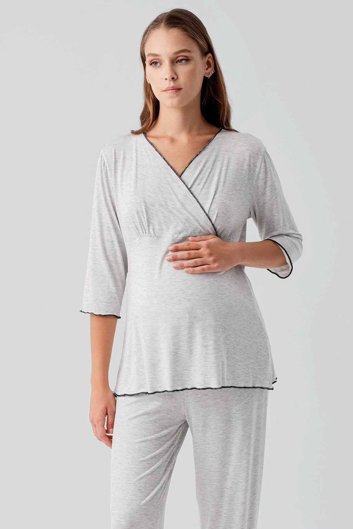 Uzun Kollu Likralı Esnek Viskoz Soft Hamile Pijama Takım 19212 - Artış Collection
