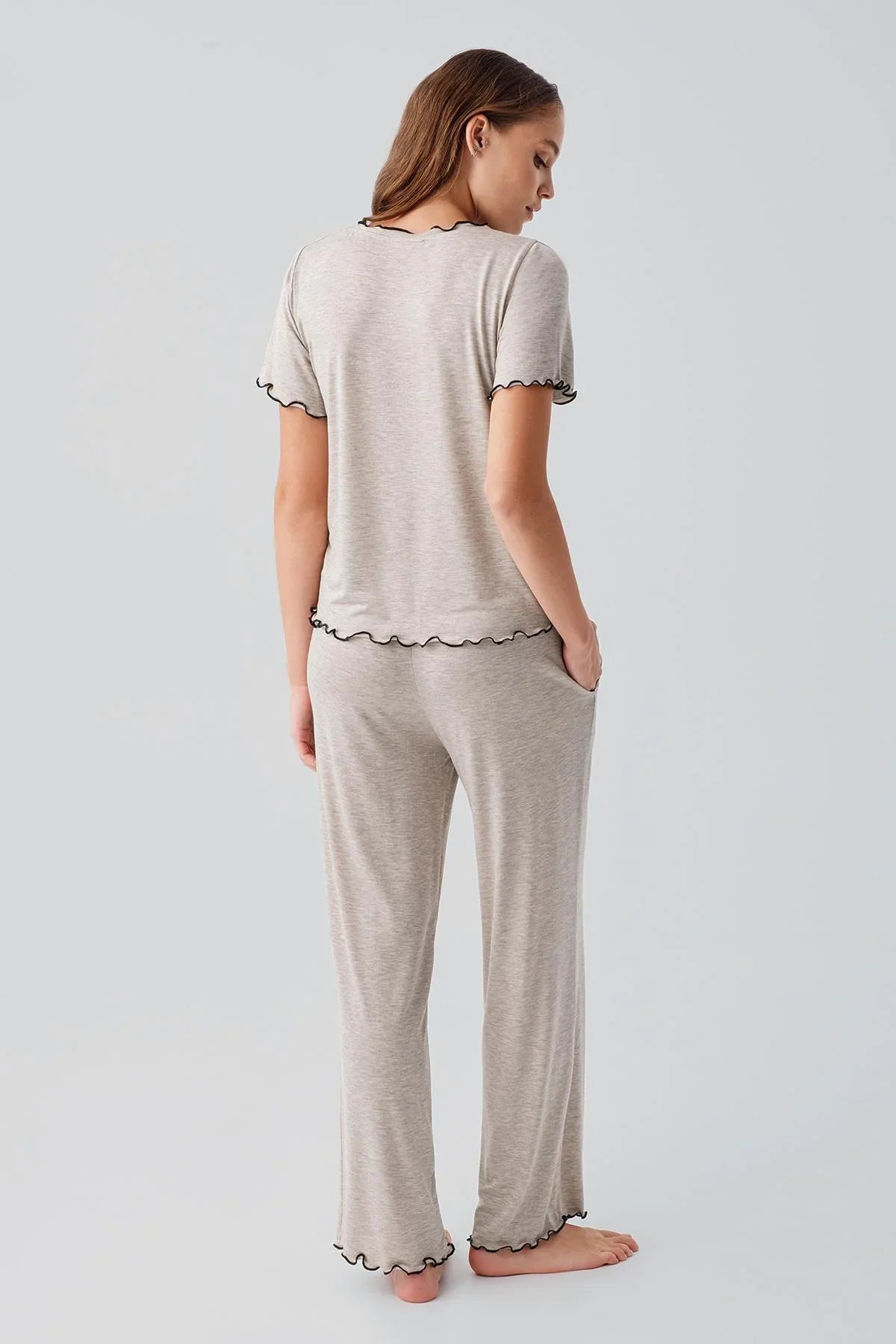 Kısa Kollu Fırfır Detaylı Rahat Esnek Viskoz Pijama Takım 19211 - Artış Collection
