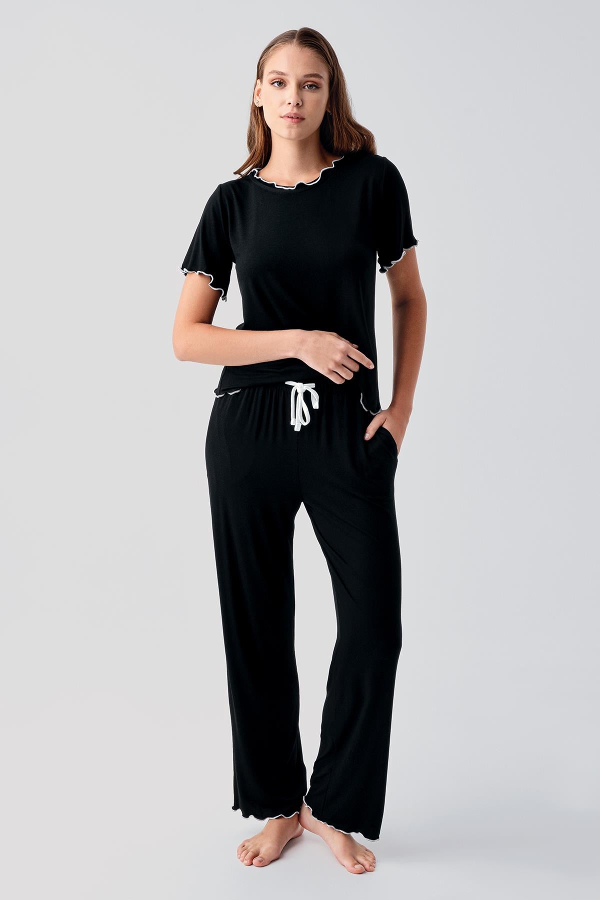 Kısa Kollu Fırfır Detaylı Rahat Esnek Viskoz Pijama Takım 19211 - Artış Collection