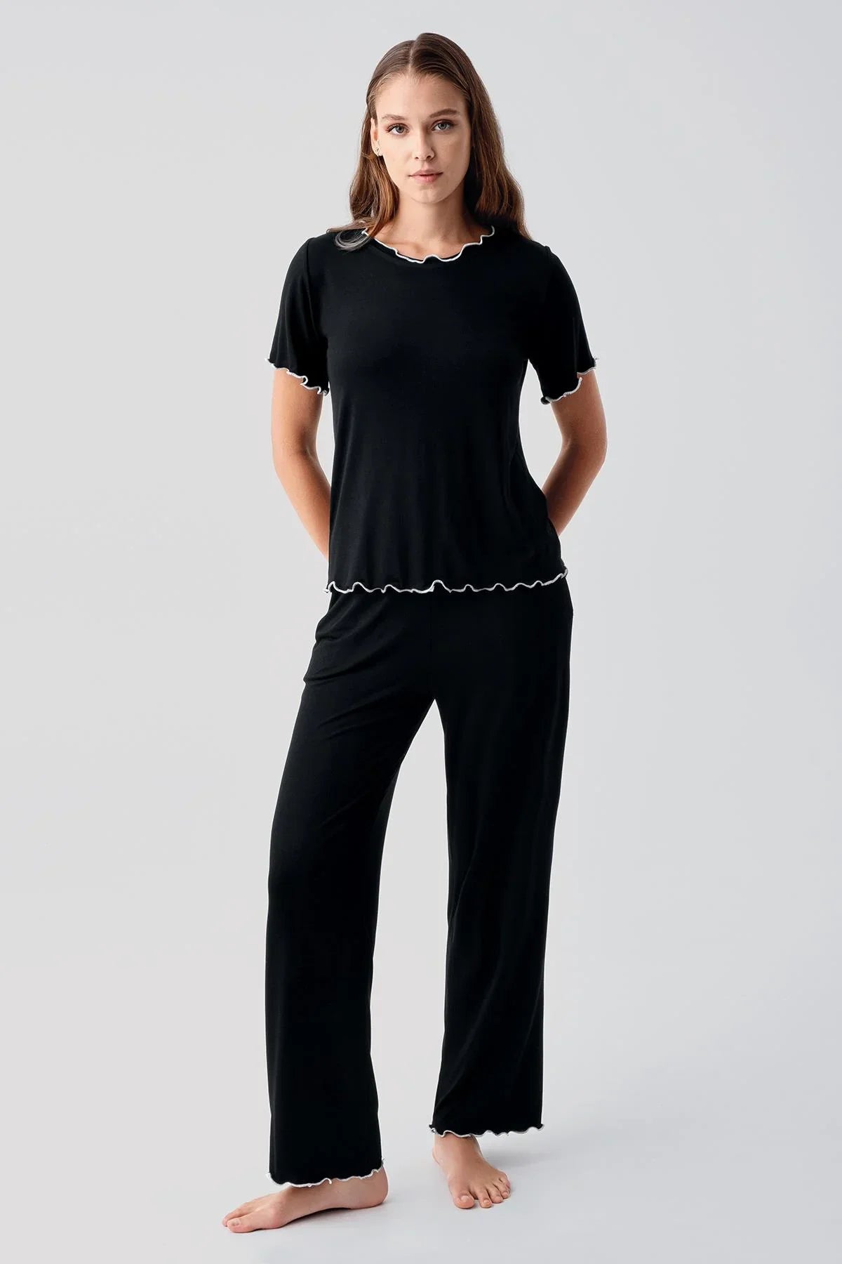 Kısa Kollu Fırfır Detaylı Rahat Esnek Viskoz Pijama Takım 19211 - Artış Collection