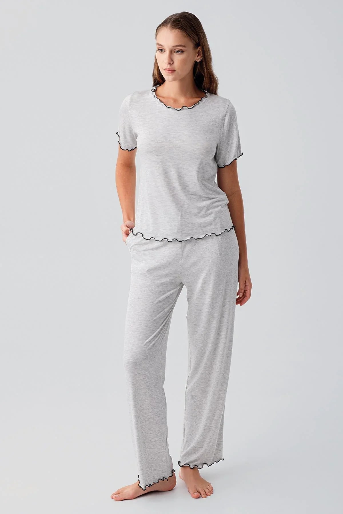Kısa Kollu Fırfır Detaylı Rahat Esnek Viskoz Pijama Takım 19211 - Artış Collection