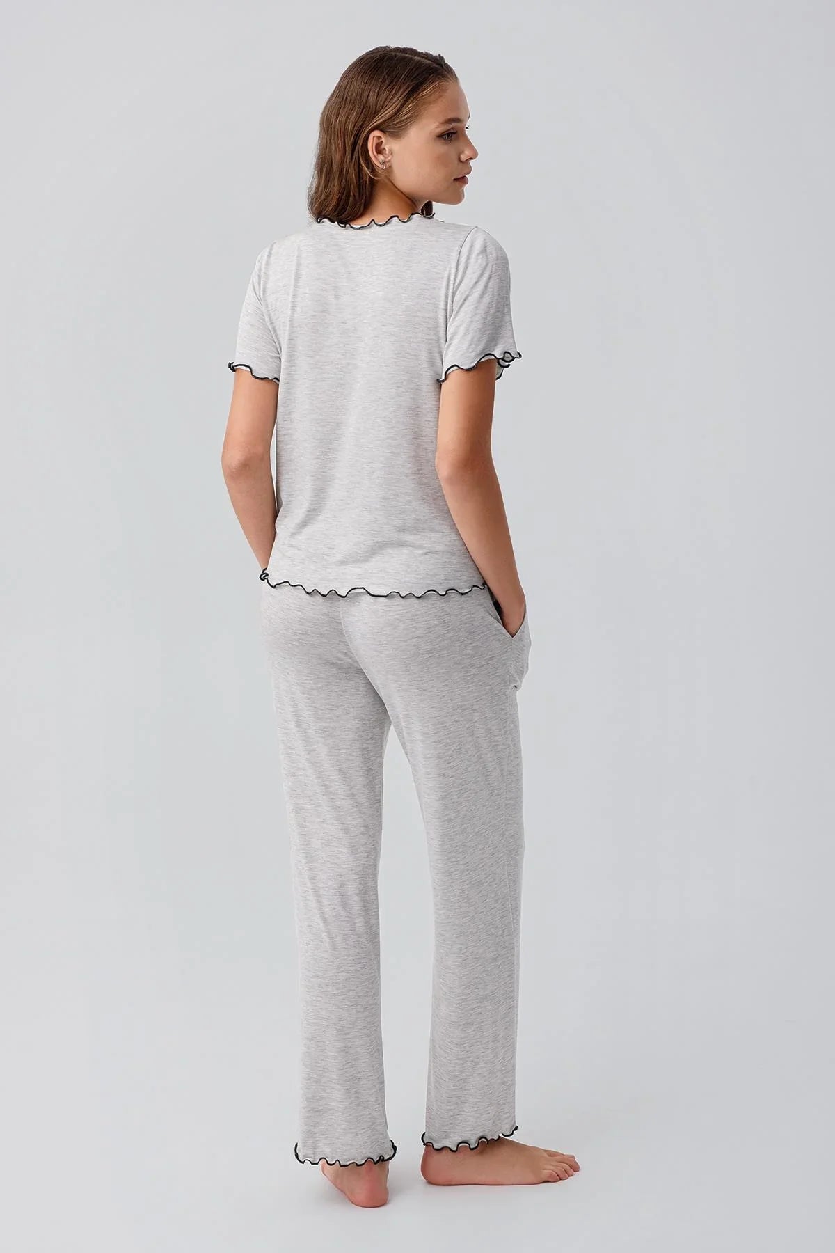 Kısa Kollu Fırfır Detaylı Rahat Esnek Viskoz Pijama Takım 19211 - Artış Collection