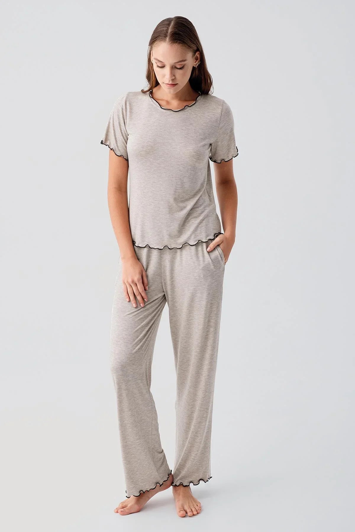 Kısa Kollu Fırfır Detaylı Rahat Esnek Viskoz Pijama Takım 19211 - Artış Collection
