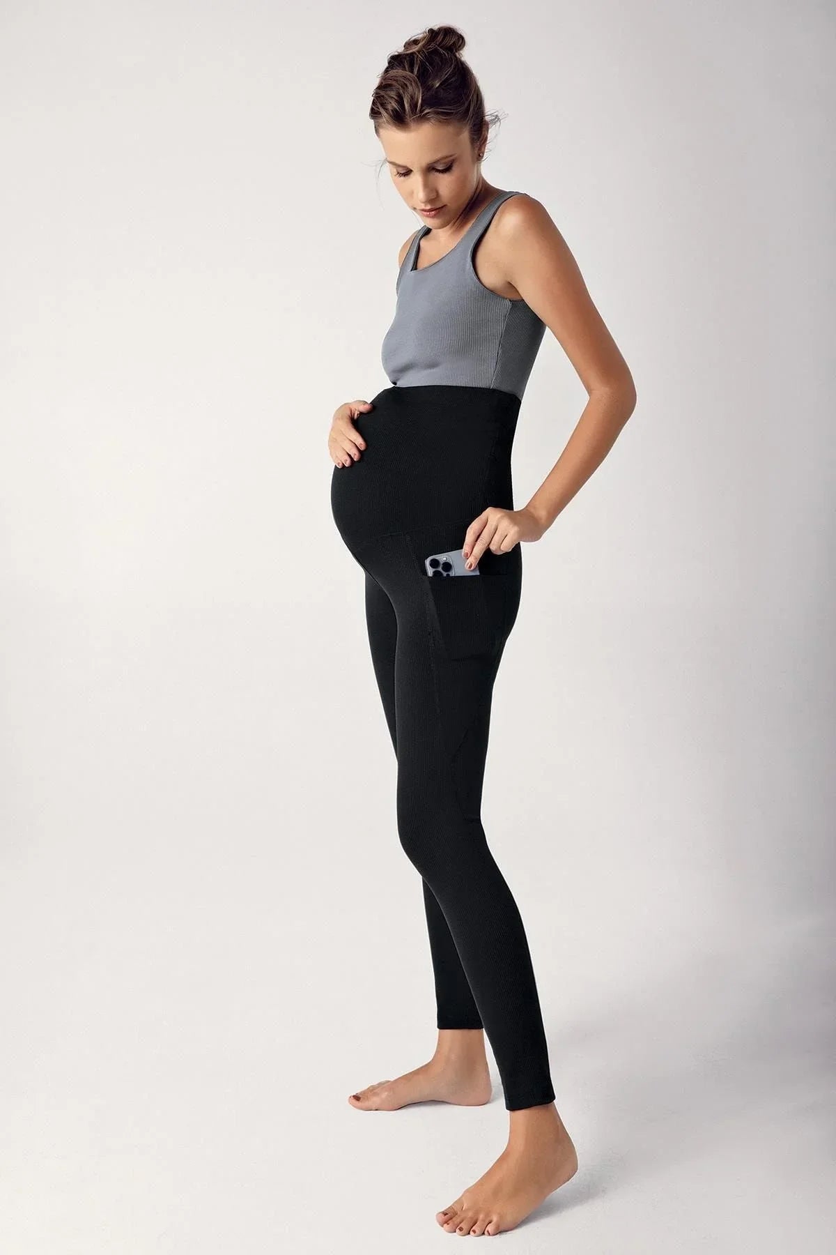 Fitilli Ayarlanabilir Yüksek Bel Esnek Toparlayıcı Çift Cepli Hamile Tayt F01