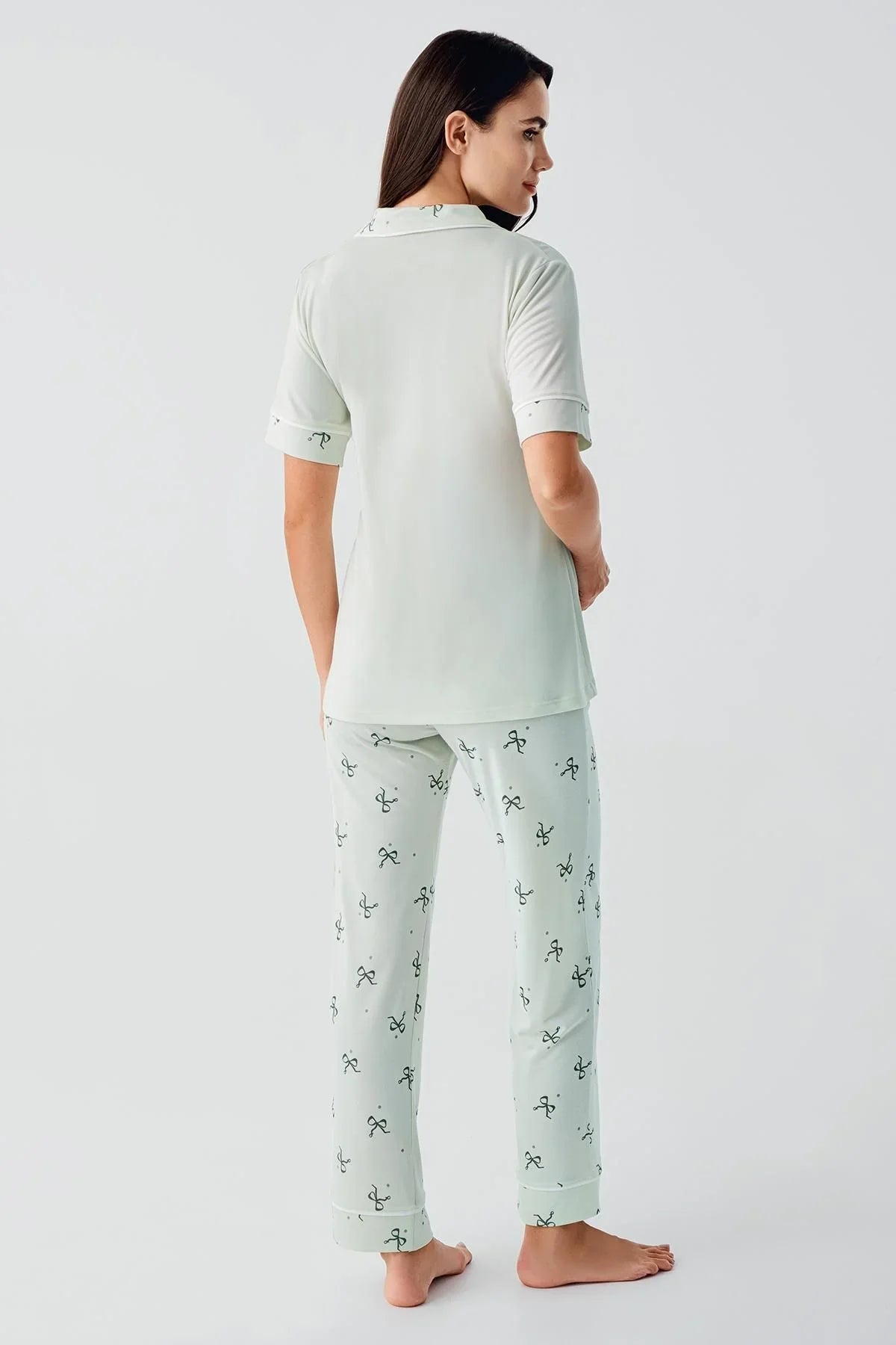 Fiyonk Desenli Düğmeli Kısa Kollu Esnek Viskoz Hamile Pijama Takım 17207 - Artış Collection