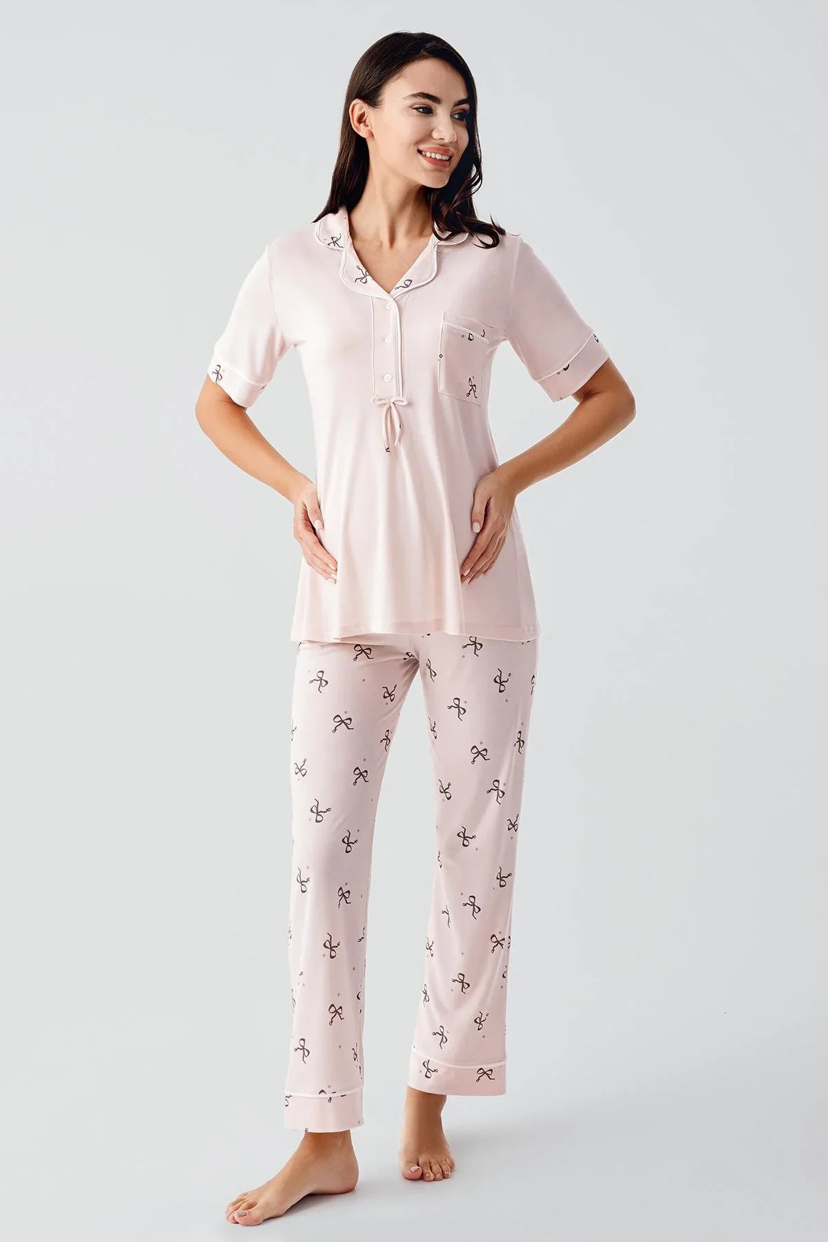 Fiyonk Desenli Düğmeli Kısa Kollu Esnek Viskoz Hamile Pijama Takım 17207 - Artış Collection