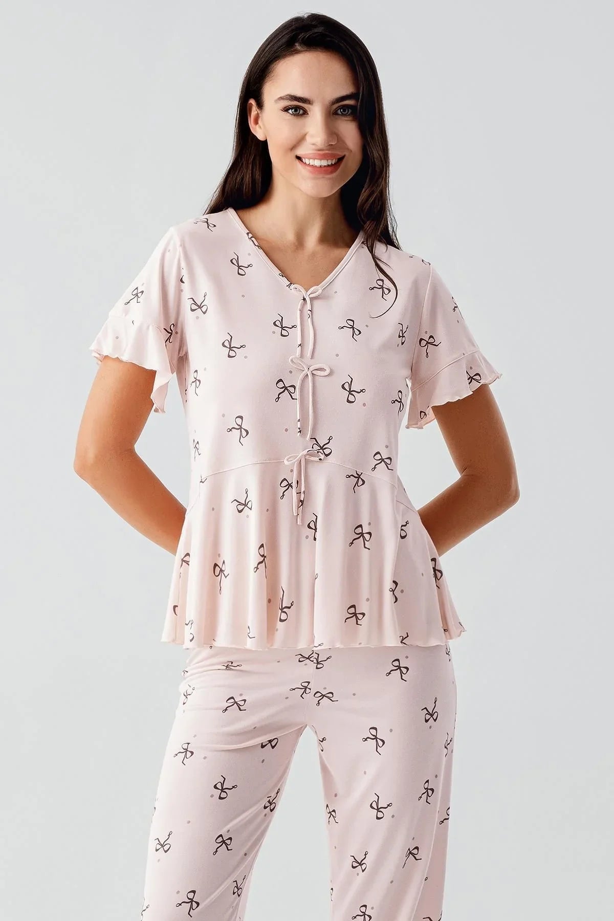 Fiyonk Desenli Kısa Kollu Esnek Viskoz Pijama Takım 17206