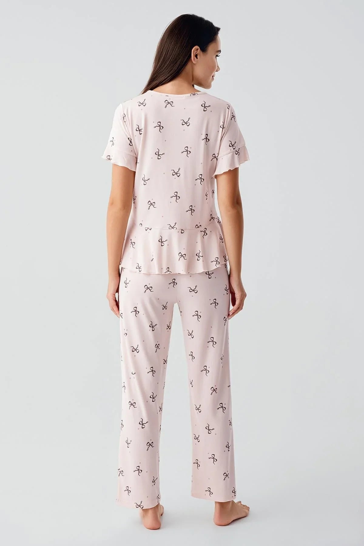 Fiyonk Desenli Kısa Kollu Esnek Viskoz Pijama Takım 17206