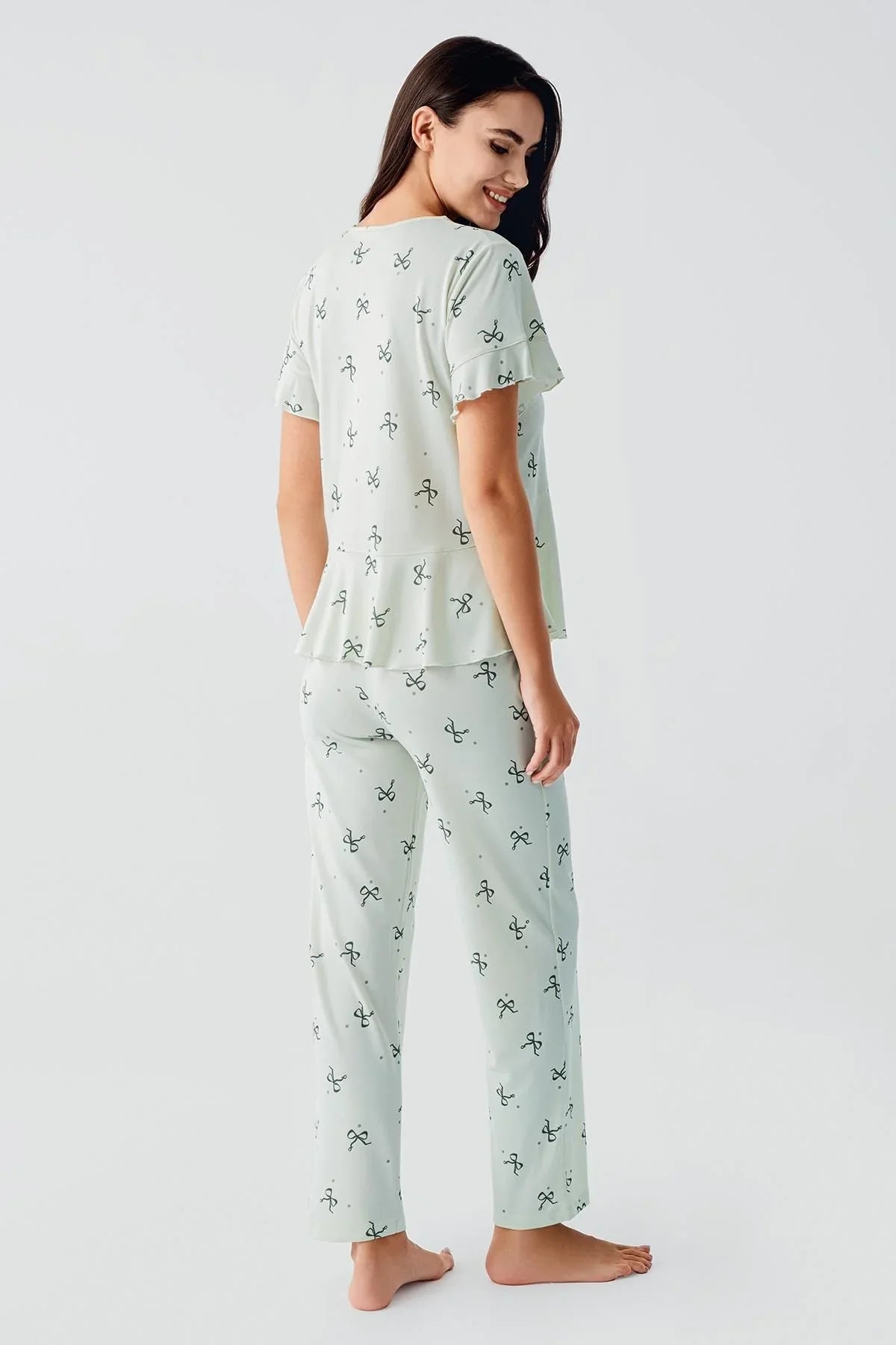 Fiyonk Desenli Kısa Kollu Esnek Viskoz Pijama Takım 17206