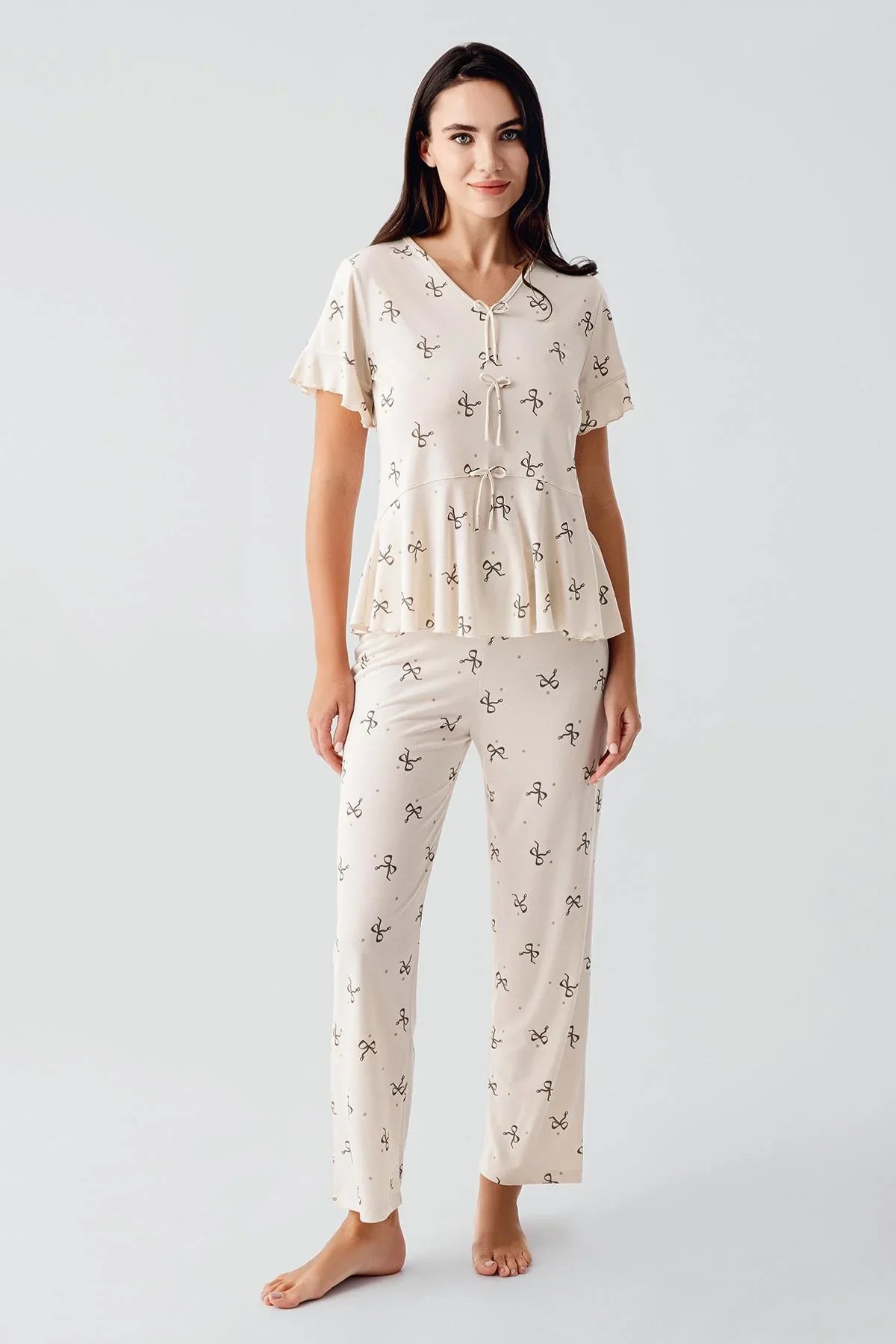 Fiyonk Desenli Kısa Kollu Esnek Viskoz Pijama Takım 17206