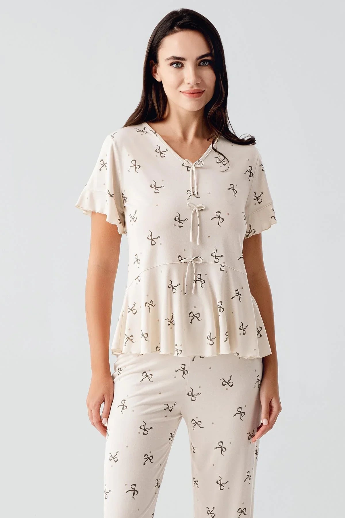 Fiyonk Desenli Kısa Kollu Esnek Viskoz Pijama Takım 17206