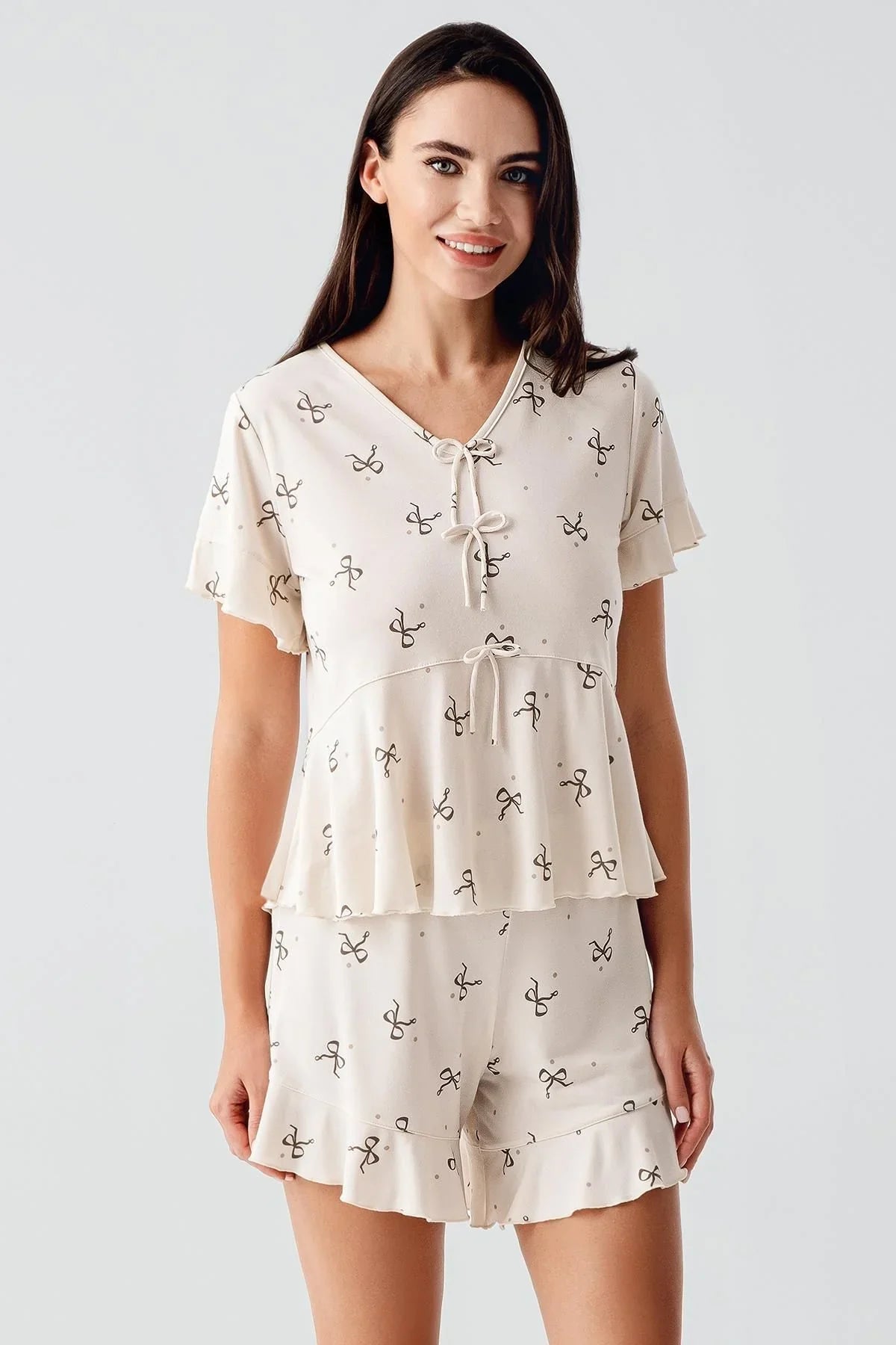 Fiyonk Desenli Kısa Kollu Esnek Viskoz Şort Pijama Takım 17205