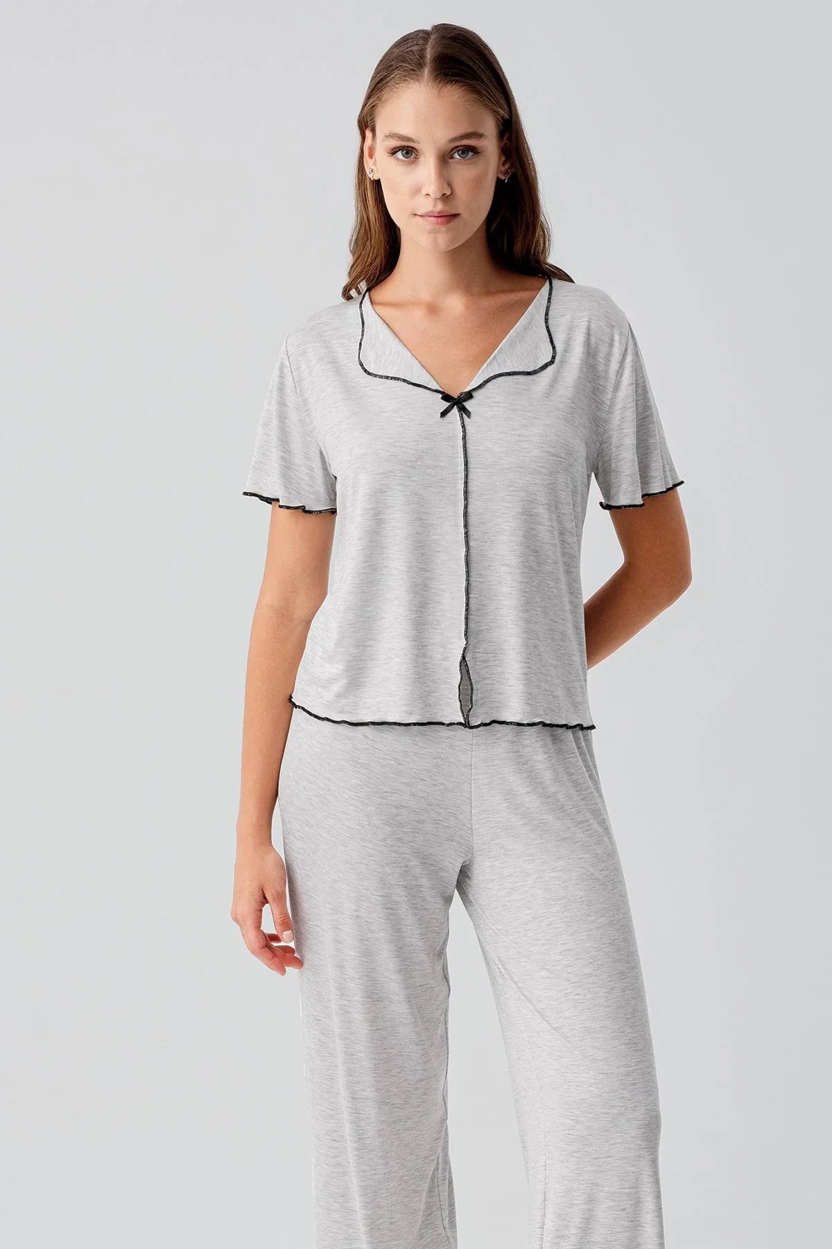 Kısa Kollu Fiyonklu Esnek Viskoz Pijama Takım 19214 - Artış Collection