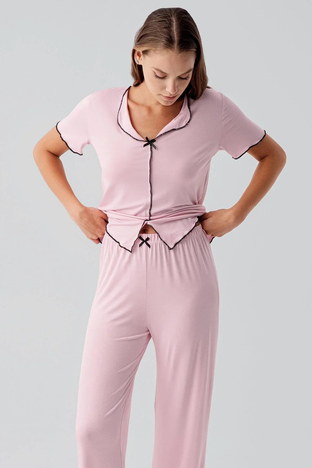 Kısa Kollu Fiyonklu Esnek Viskoz Pijama Takım 19214 - Artış Collection