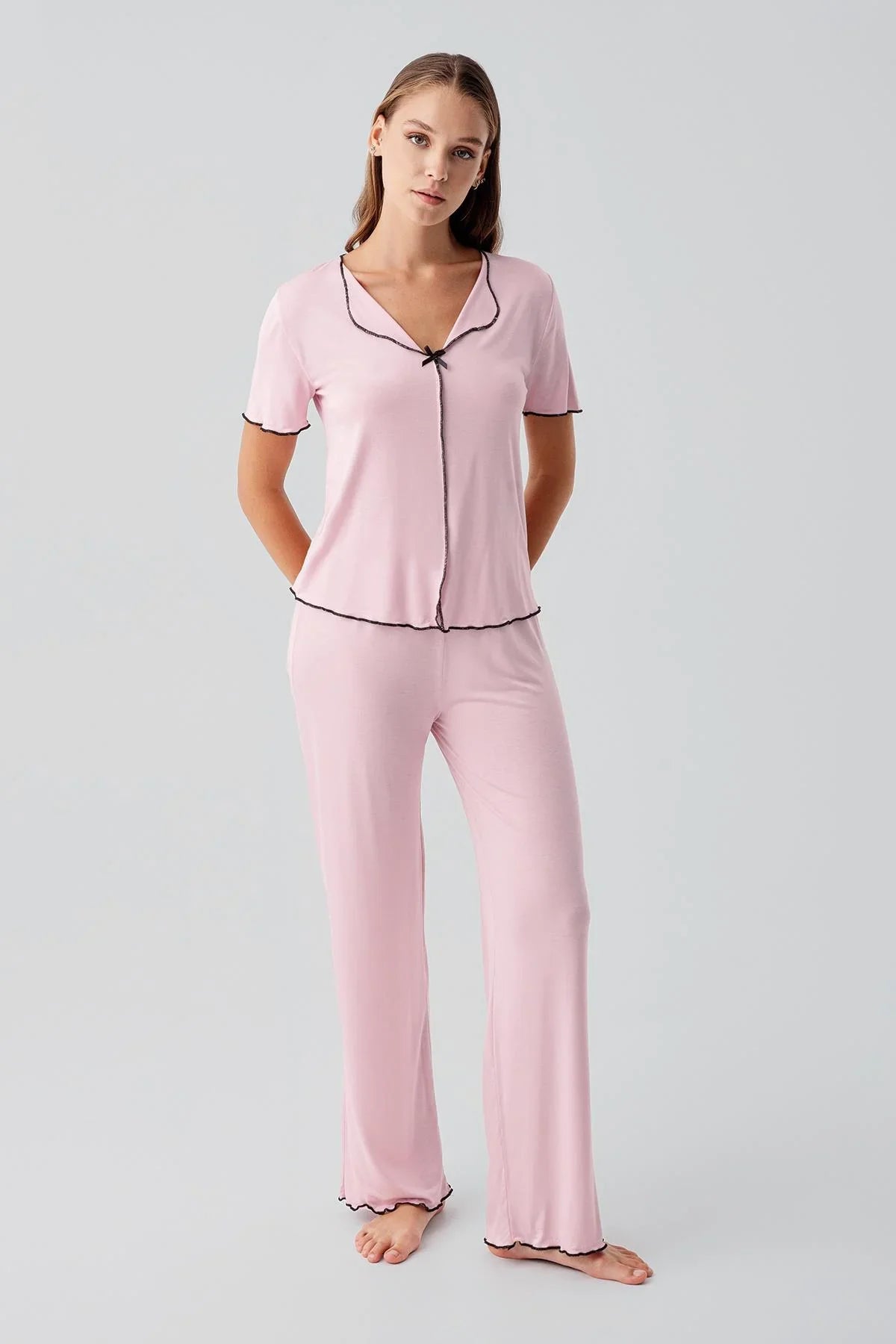 Kısa Kollu Fiyonklu Esnek Viskoz Pijama Takım 19214 - Artış Collection