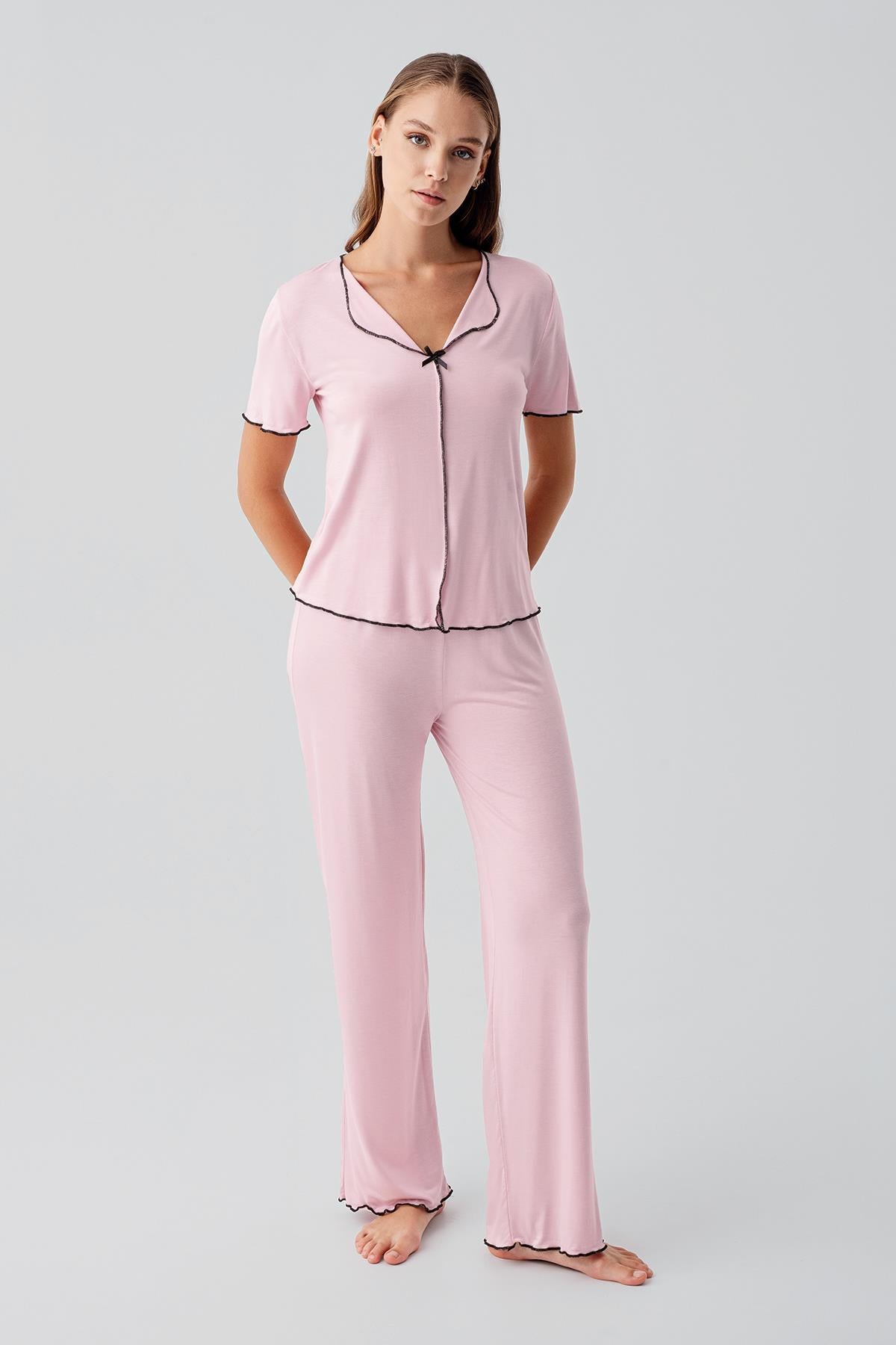 Kısa Kollu Fiyonklu Esnek Viskoz Pijama Takım 19214 - Artış Collection