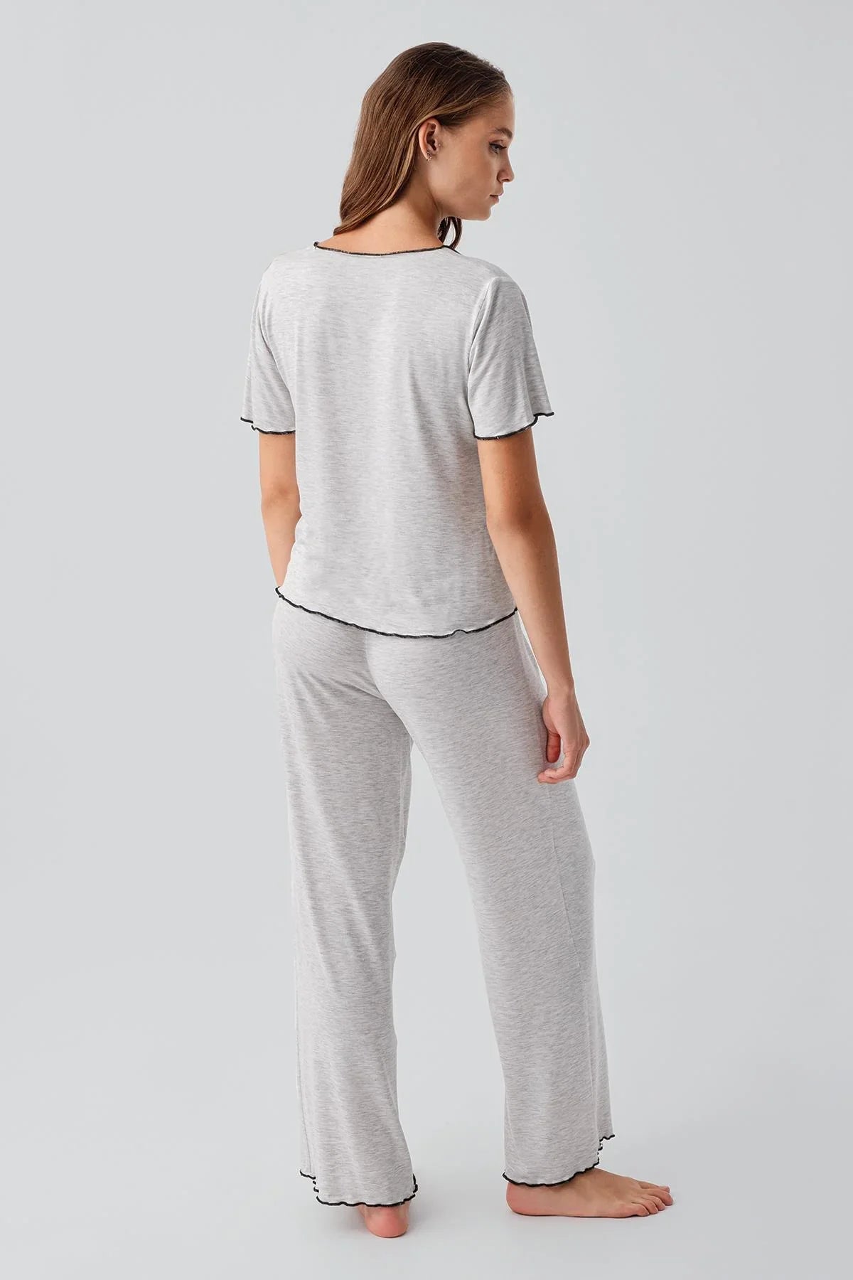 Kısa Kollu Fiyonklu Esnek Viskoz Pijama Takım 19214 - Artış Collection