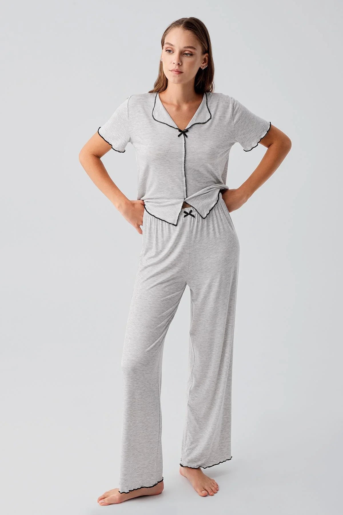 Kısa Kollu Fiyonklu Esnek Viskoz Pijama Takım 19214 - Artış Collection