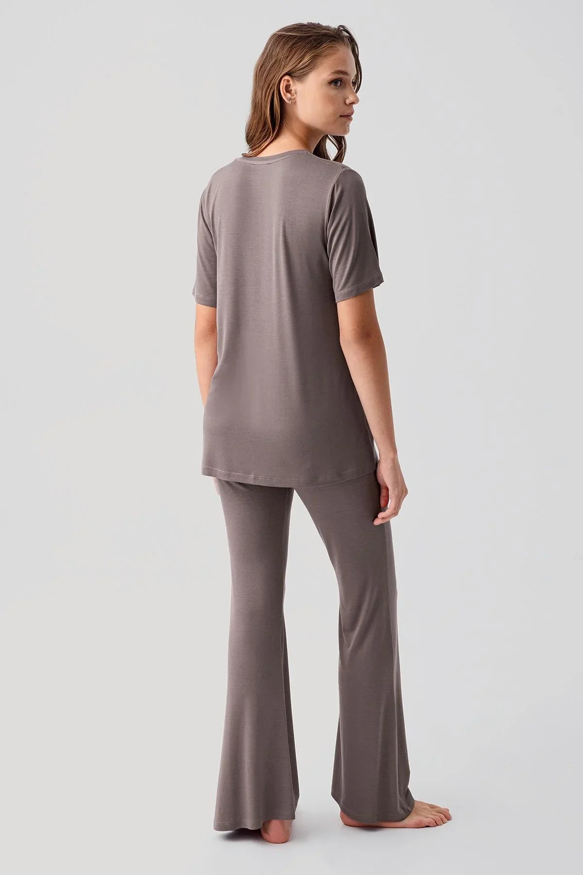 Short-Sleeved Basic Flared Stretch Viscose Pajama Set 19213