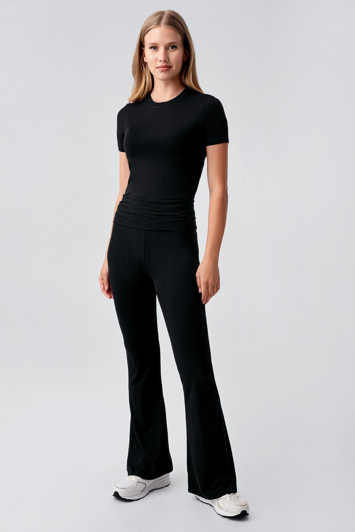 İspanyol Paça Katlanan Bel Jarse Esnek Viskoz Flared Pantolon VTP02