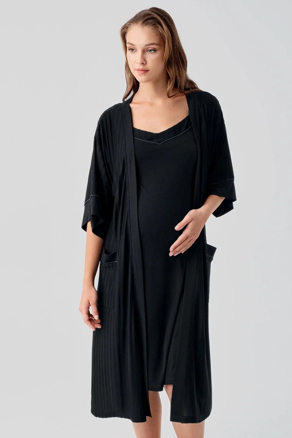 Strappy Nursing Compartment Flexible Lycra Viscose Soft Maternity Robe and Nightgown Set 19407