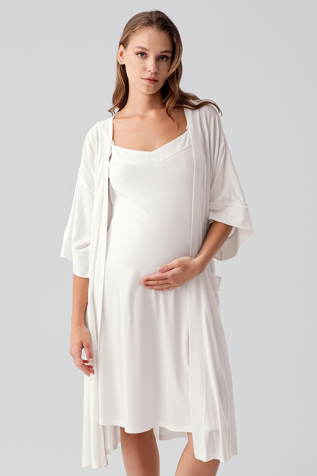 Askılı Emzirme Bölmeli Esnek Viskoz Hamile Sabahlık Gecelik Takım 19407