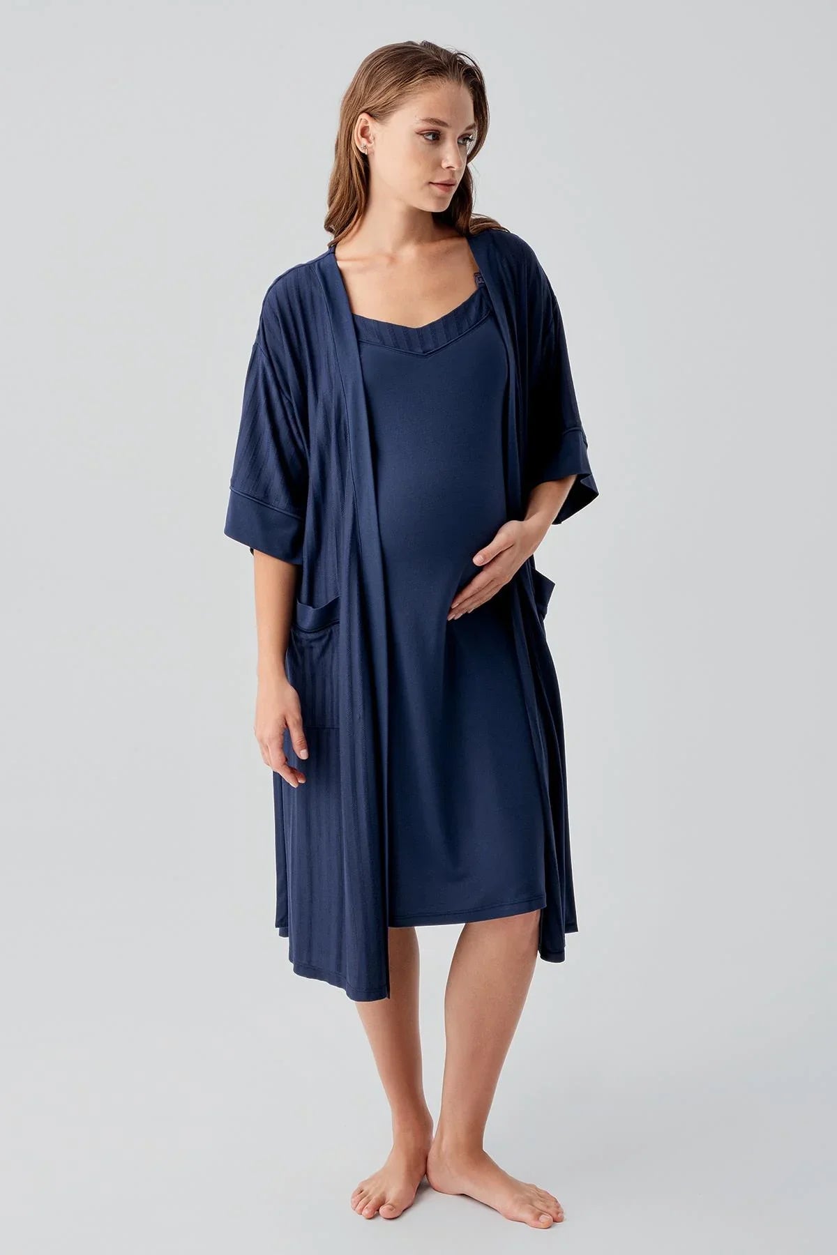 Strappy Nursing Compartment Flexible Lycra Viscose Soft Maternity Robe and Nightgown Set 19407