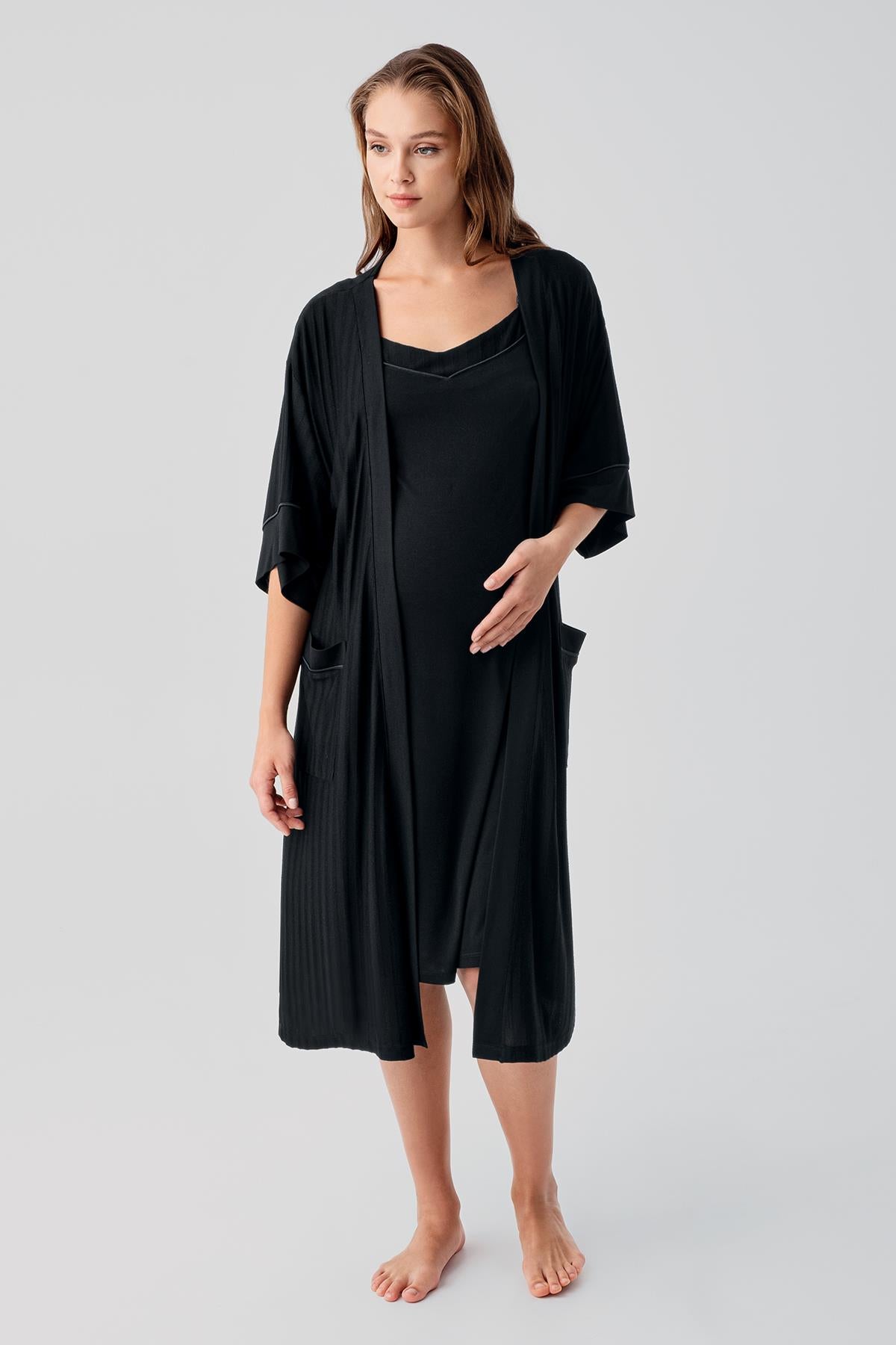 Askılı Emzirme Bölmeli Esnek Viskoz Hamile Sabahlık Gecelik Takım 19407