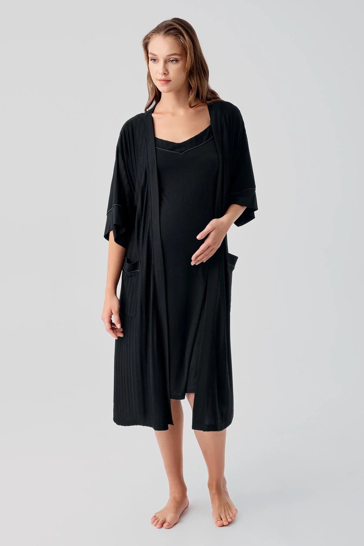 Strappy Nursing Compartment Flexible Lycra Viscose Soft Maternity Robe and Nightgown Set 19407