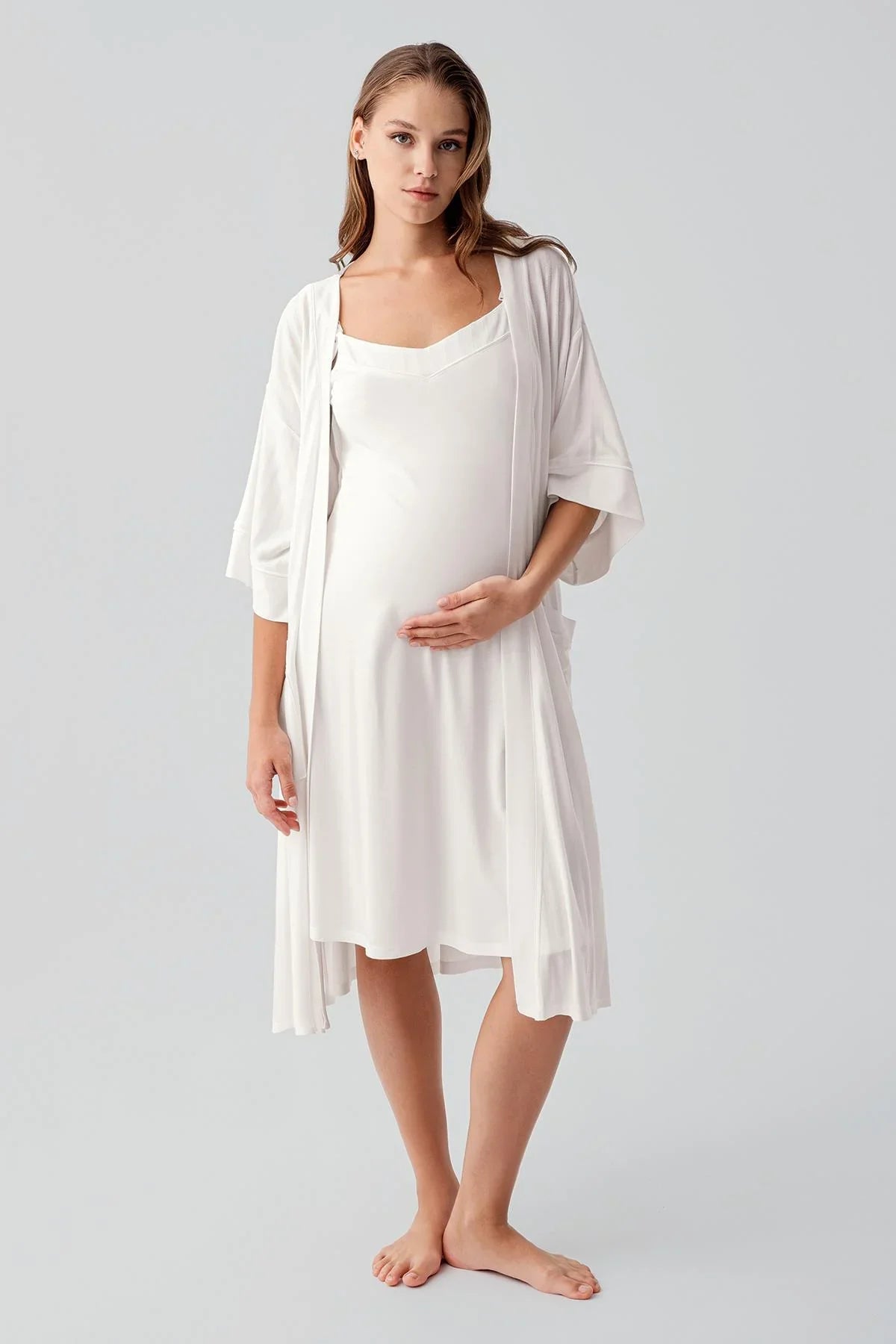 Askılı Emzirme Bölmeli Esnek Likralı Viskoz Soft Hamile Sabahlık Gecelik Takım 19407