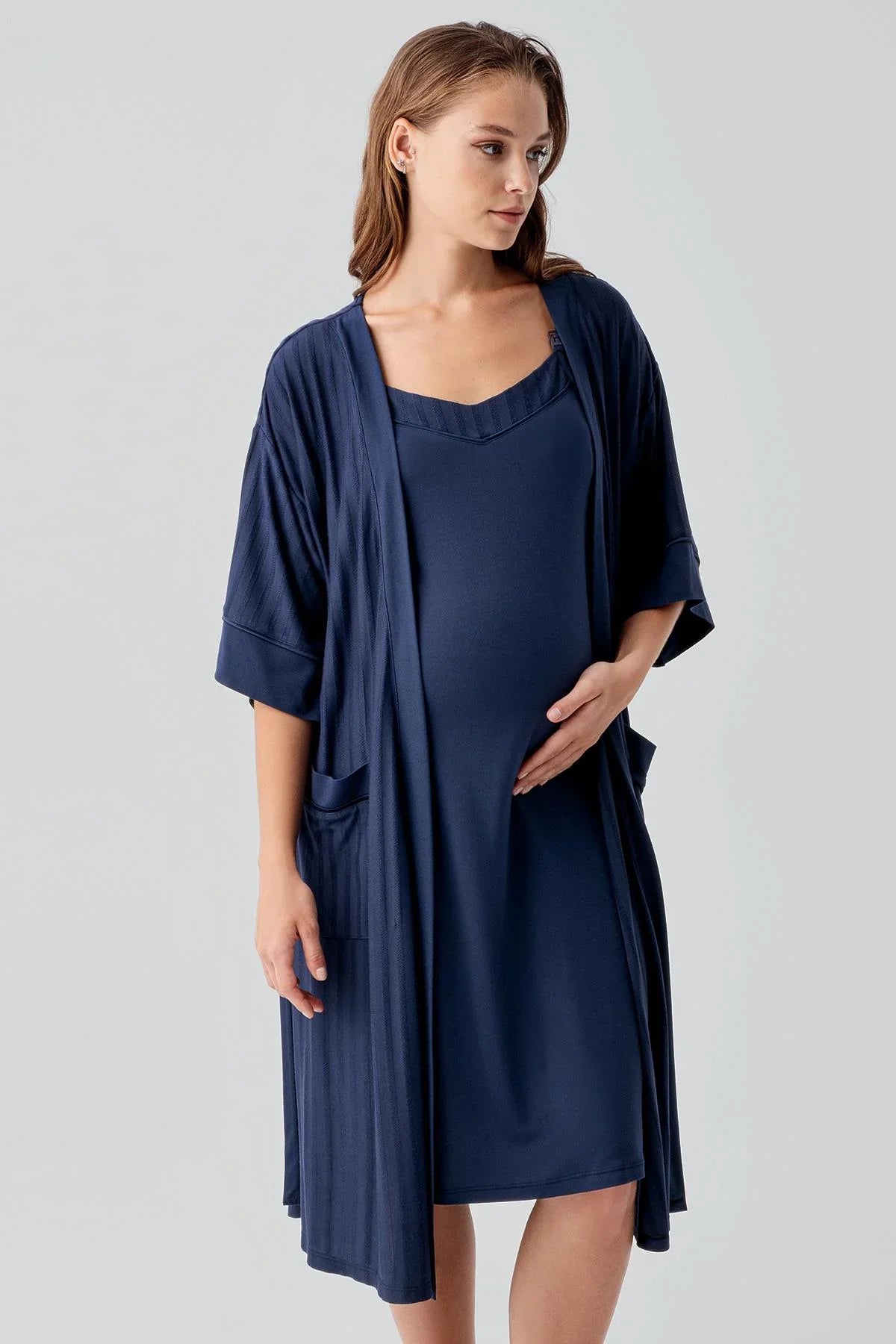 Strappy Nursing Compartment Flexible Lycra Viscose Soft Maternity Robe and Nightgown Set 19407