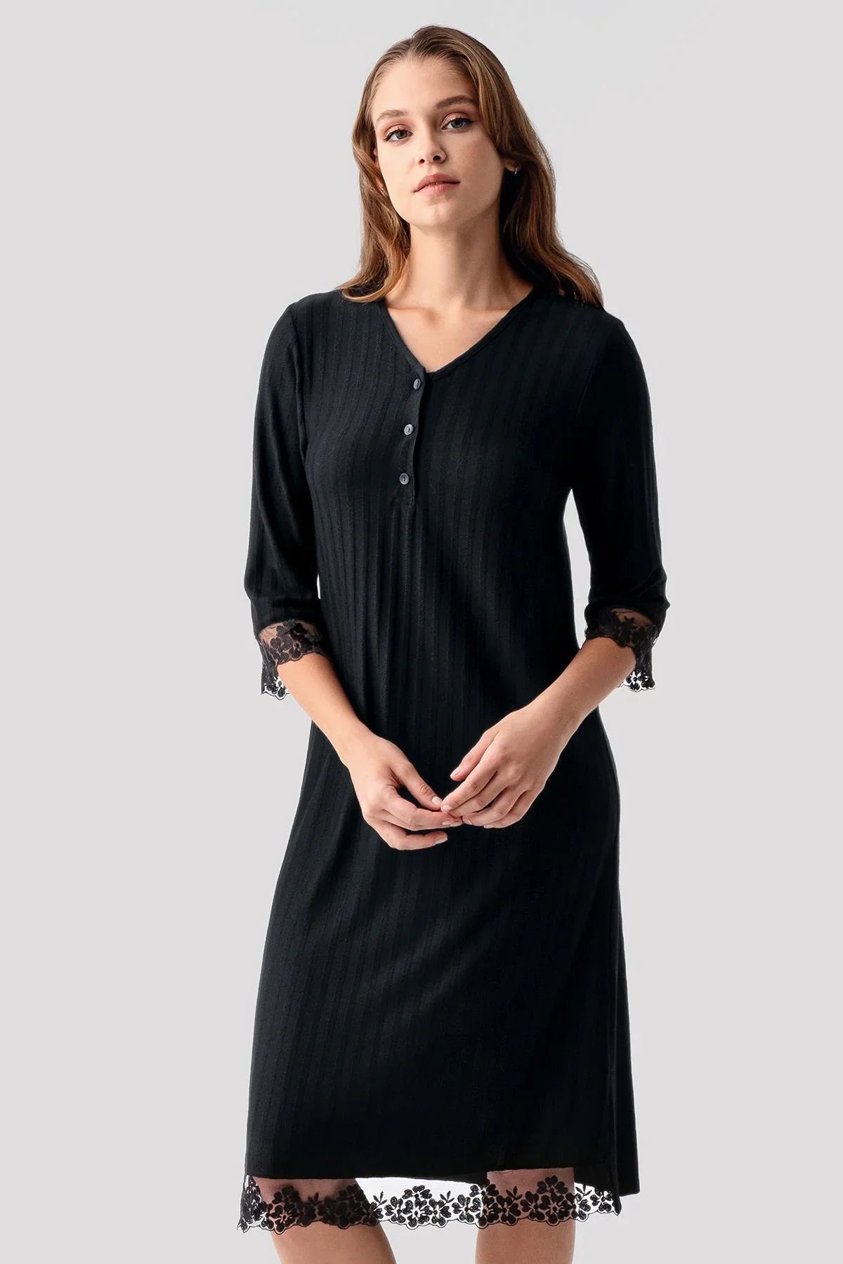 Truvakar Kollu Dantelli Düğmeli Esnek Viskoz Gecelik 19107 - Artış Collection