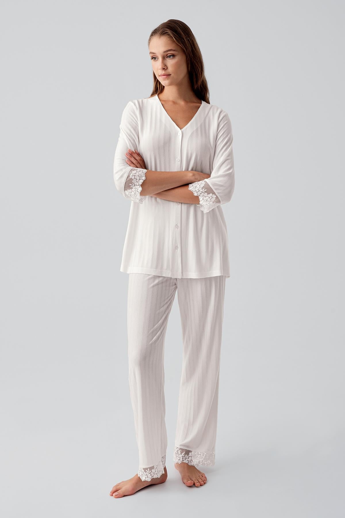 Truvakar Kollu Dantelli Düğmeli Esnek Viskoz Pijama Takım 19207