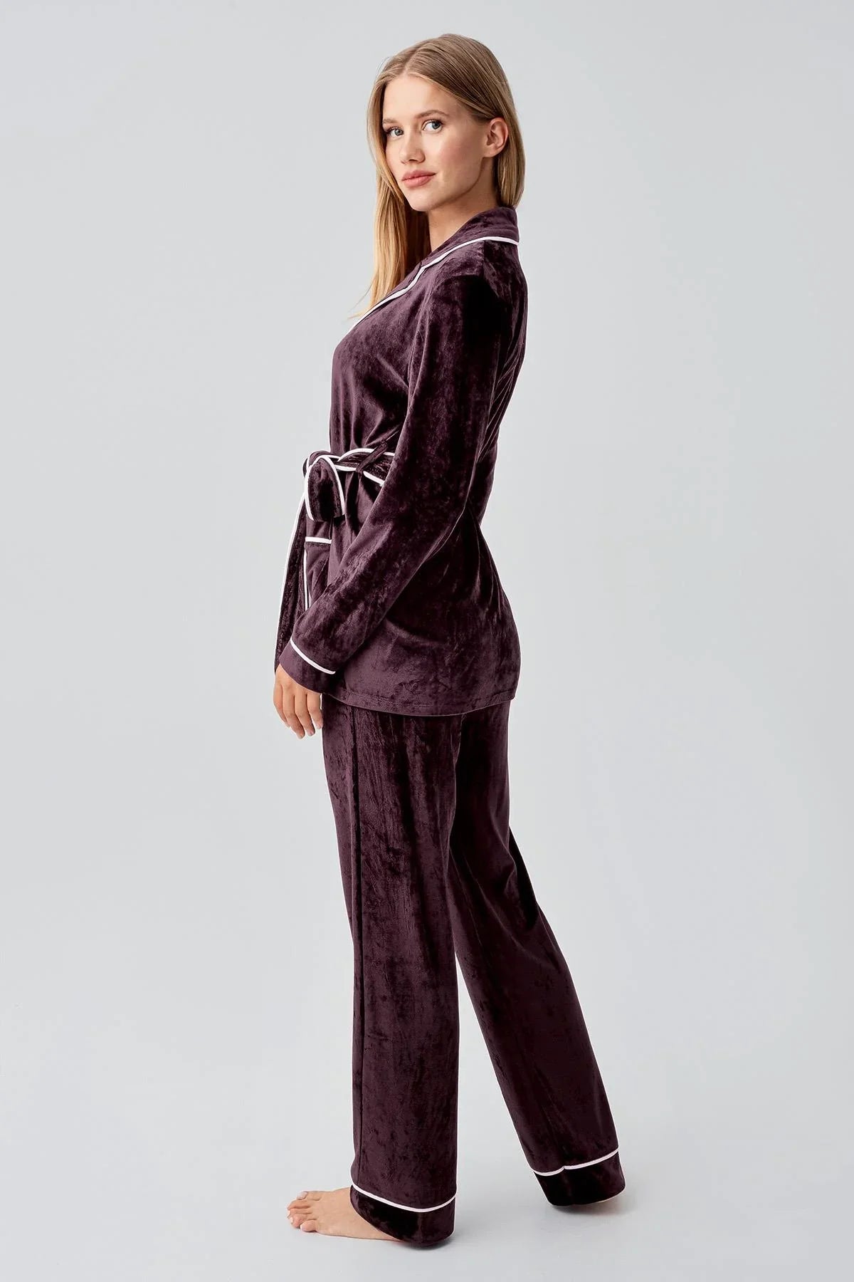 Uzun Kollu Kimono Kadife Esnek Viskoz Pijama Takım 18216