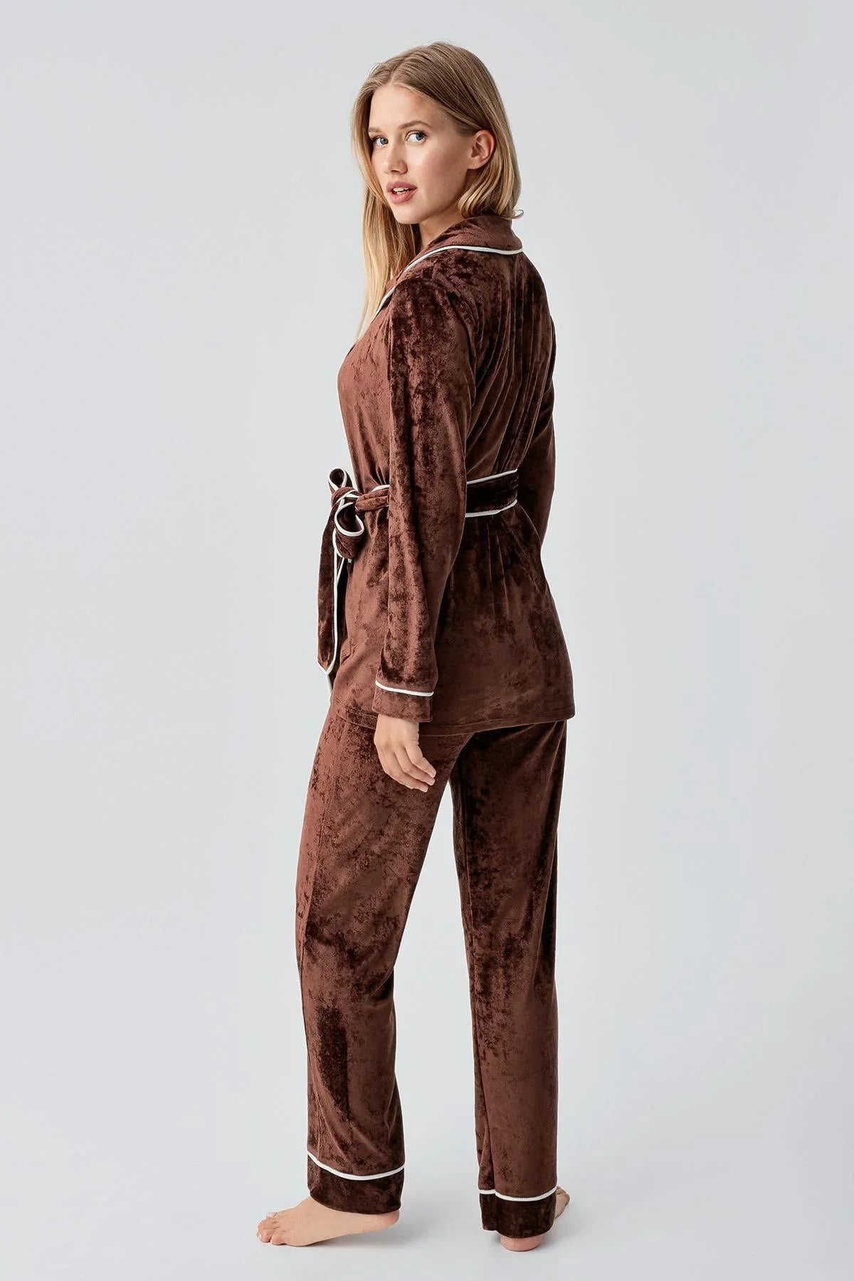 Uzun Kollu Kimono Kadife Esnek Viskoz Pijama Takım 18216 - Artış Collection