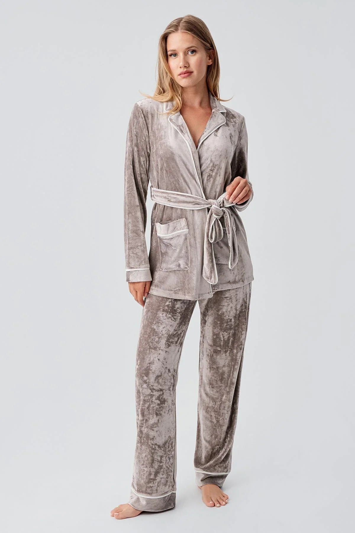 Uzun Kollu Kimono Kadife Esnek Viskoz Pijama Takım 18216 - Artış Collection