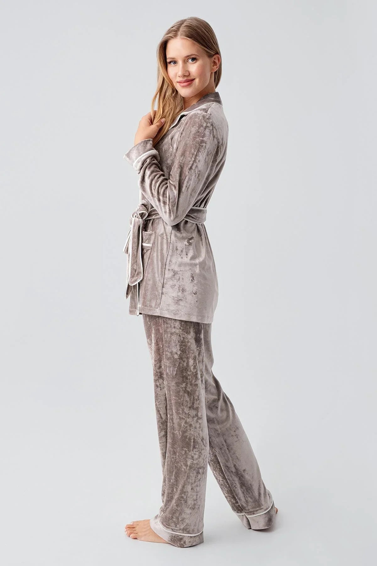 Uzun Kollu Kimono Kadife Esnek Viskoz Pijama Takım 18216 - Artış Collection