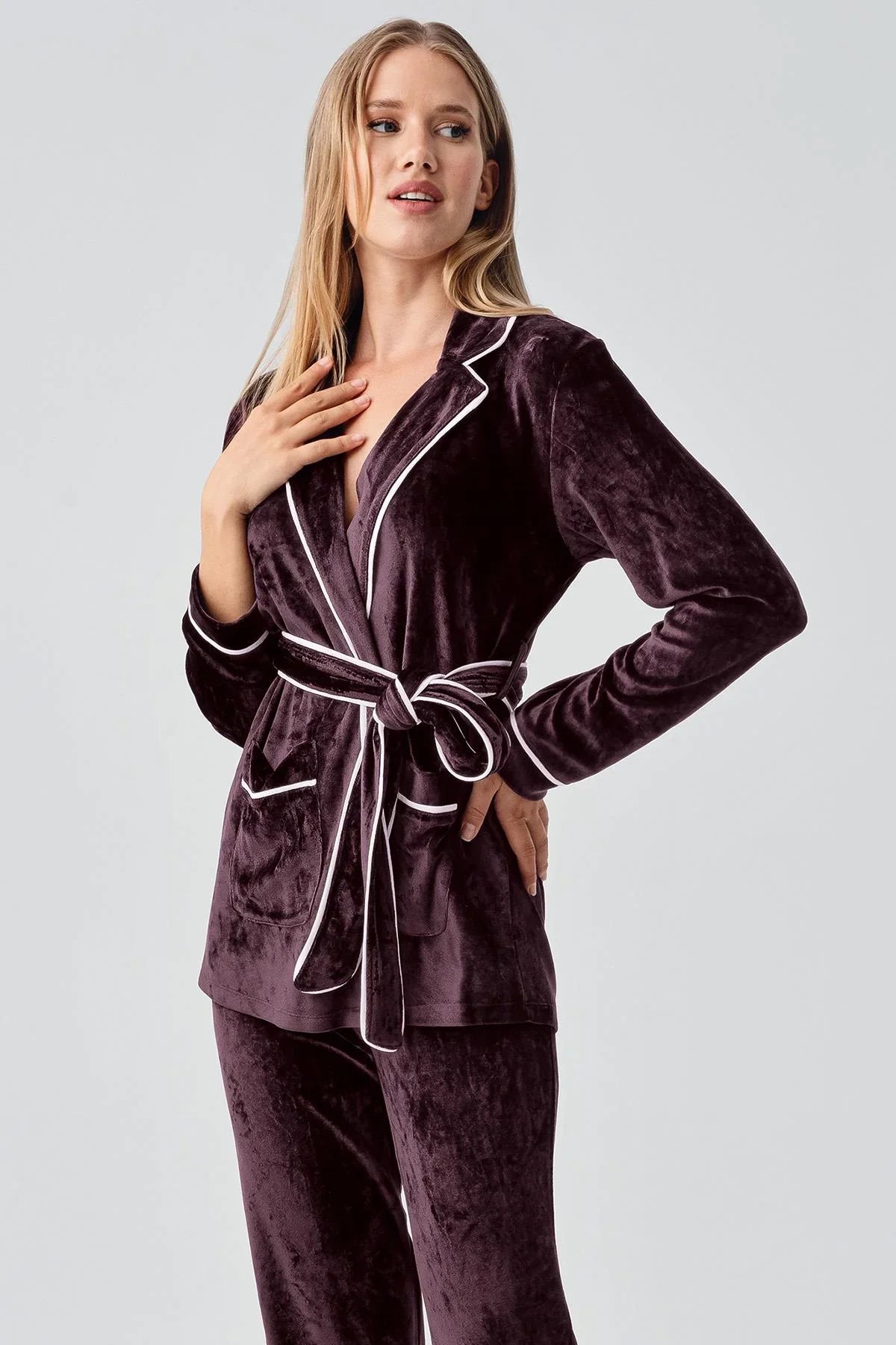 Uzun Kollu Kimono Kadife Esnek Viskoz Pijama Takım 18216 - Artış Collection
