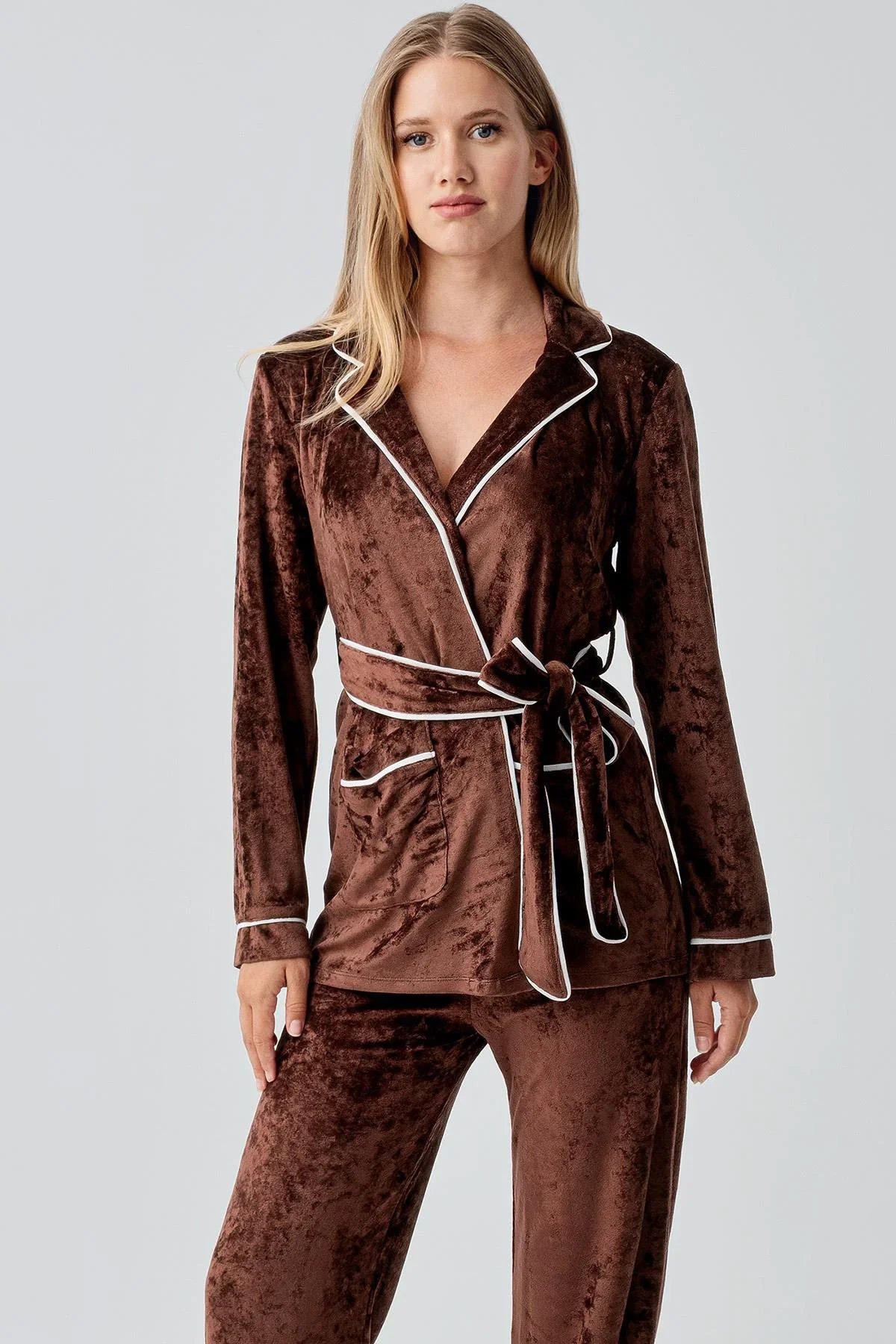 Uzun Kollu Kimono Kadife Esnek Viskoz Pijama Takım 18216 - Artış Collection