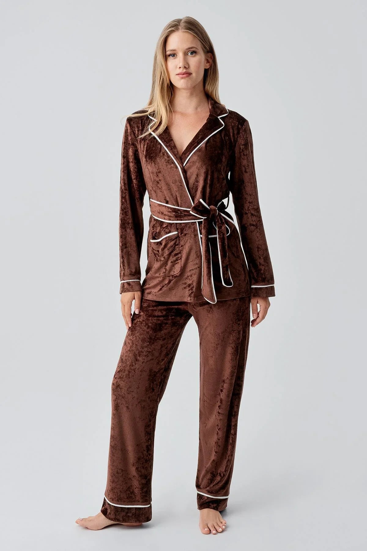 Uzun Kollu Kimono Kadife Esnek Viskoz Pijama Takım 18216 - Artış Collection