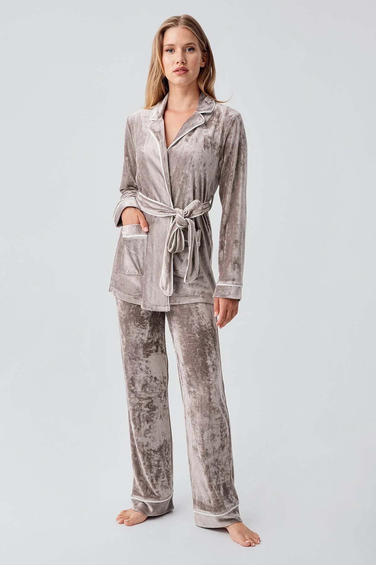 Uzun Kollu Kimono Kadife Esnek Viskoz Pijama Takım 18216 - Artış Collection