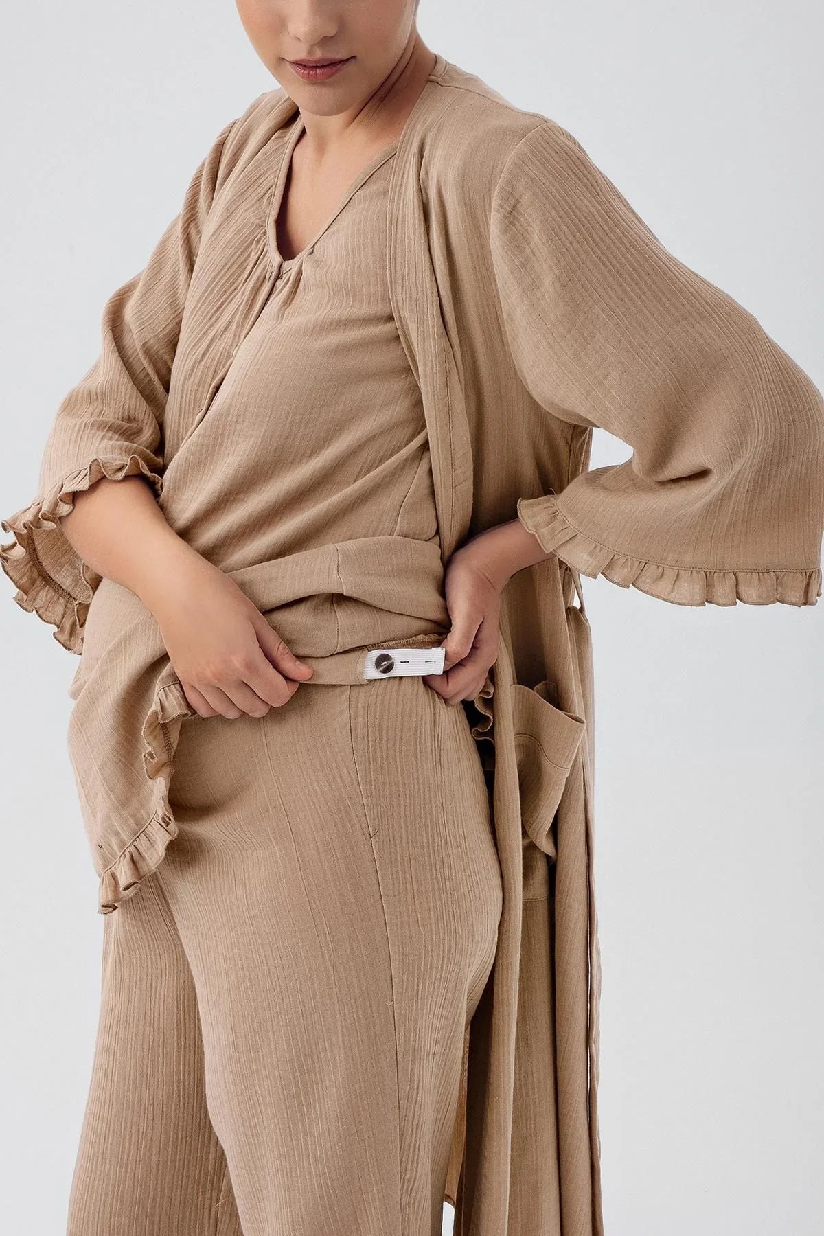 Kadın Çift Katlı Müslin Pamuklu Ayarlanabilir Yüksek Bel Kısa Kol Düğmeli Hamile Pijama Takım M208 - Artış Collection