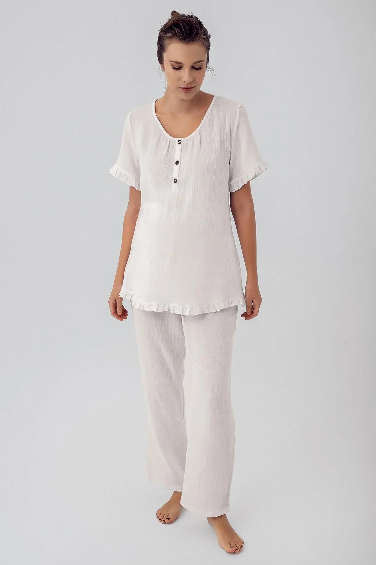 Kadın Çift Katlı Müslin Pamuklu Ayarlanabilir Yüksek Bel Kısa Kol Düğmeli Hamile Pijama Takım M208 - Artış Collection