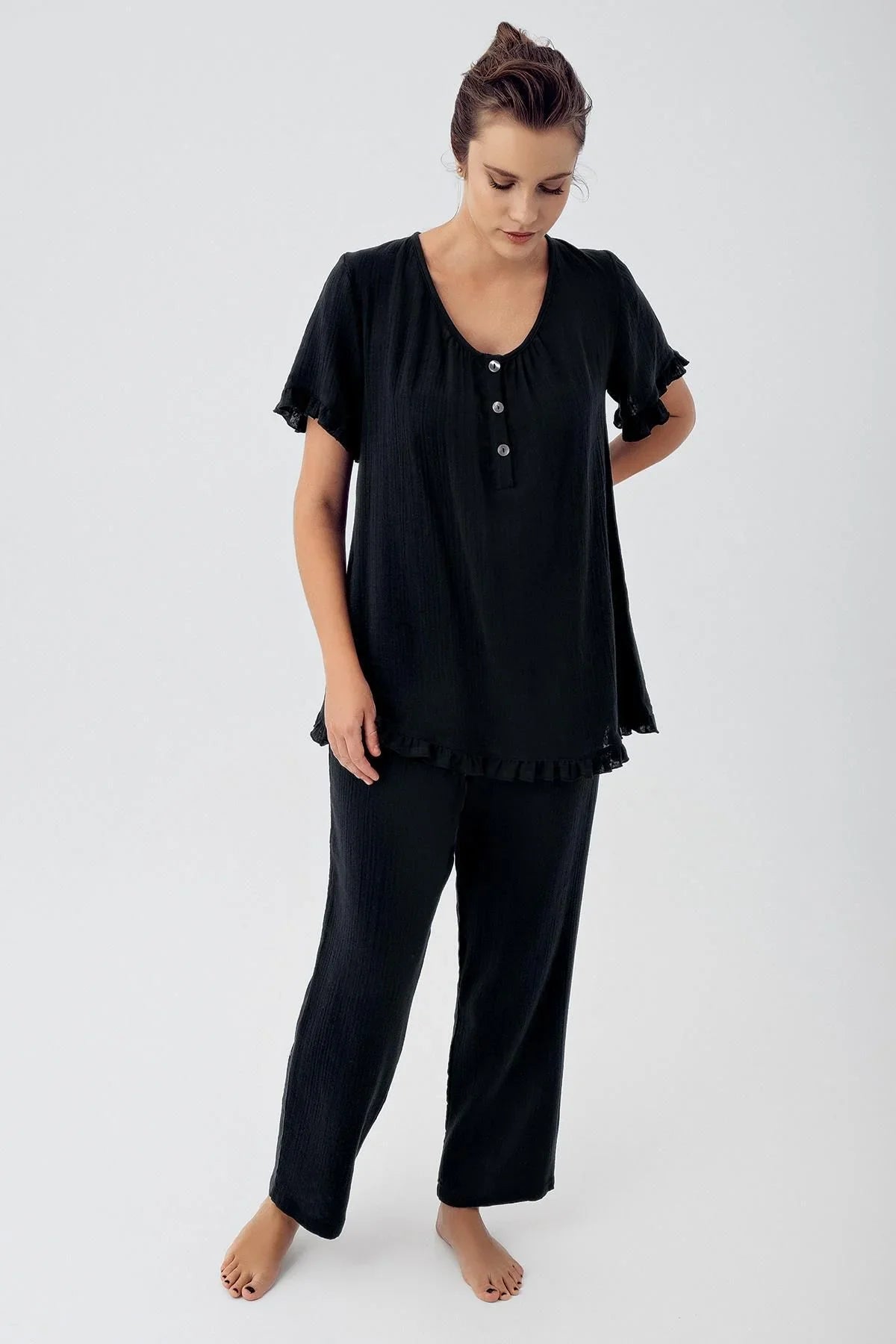 Kadın Çift Katlı Müslin Pamuklu Ayarlanabilir Yüksek Bel Kısa Kol Düğmeli Hamile Pijama Takım M208 - Artış Collection