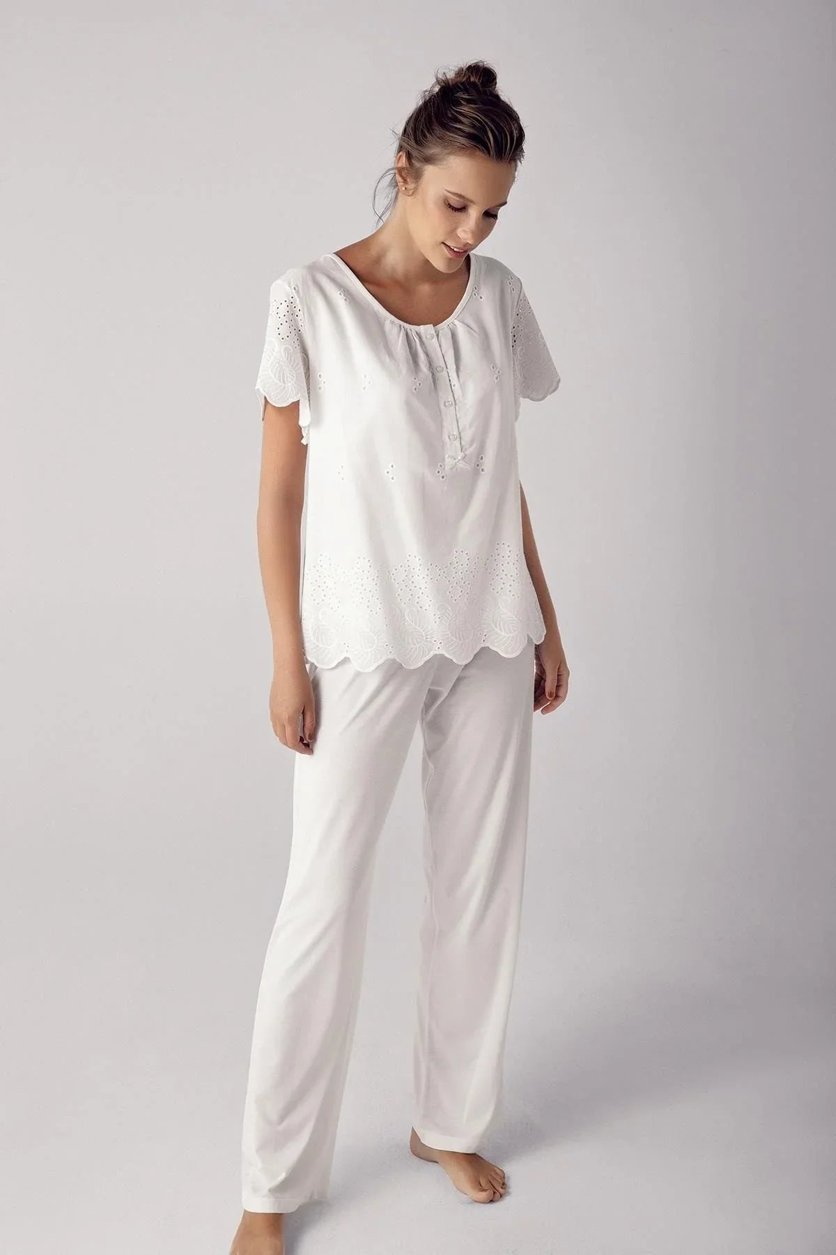 Kadın Düğmeli Kısa Kollu Pamuklu Pijama Takımı 12311
