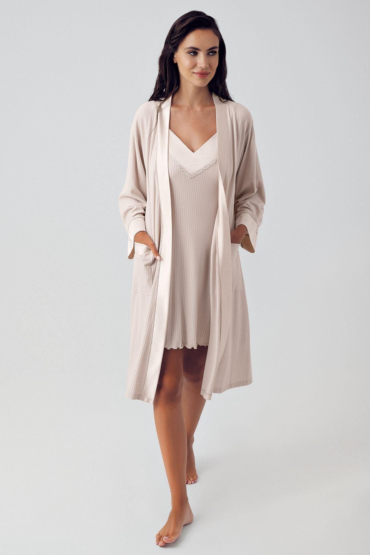 Women's Flexible Viscose Short Strap Dressing Gown Nightgown Set 15406
