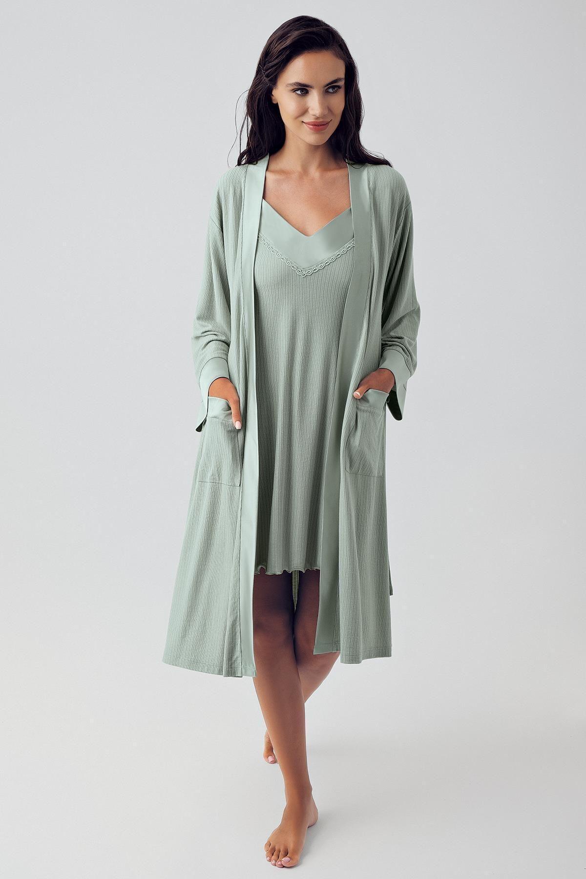Women's Flexible Viscose Short Strap Dressing Gown Nightgown Set 15406