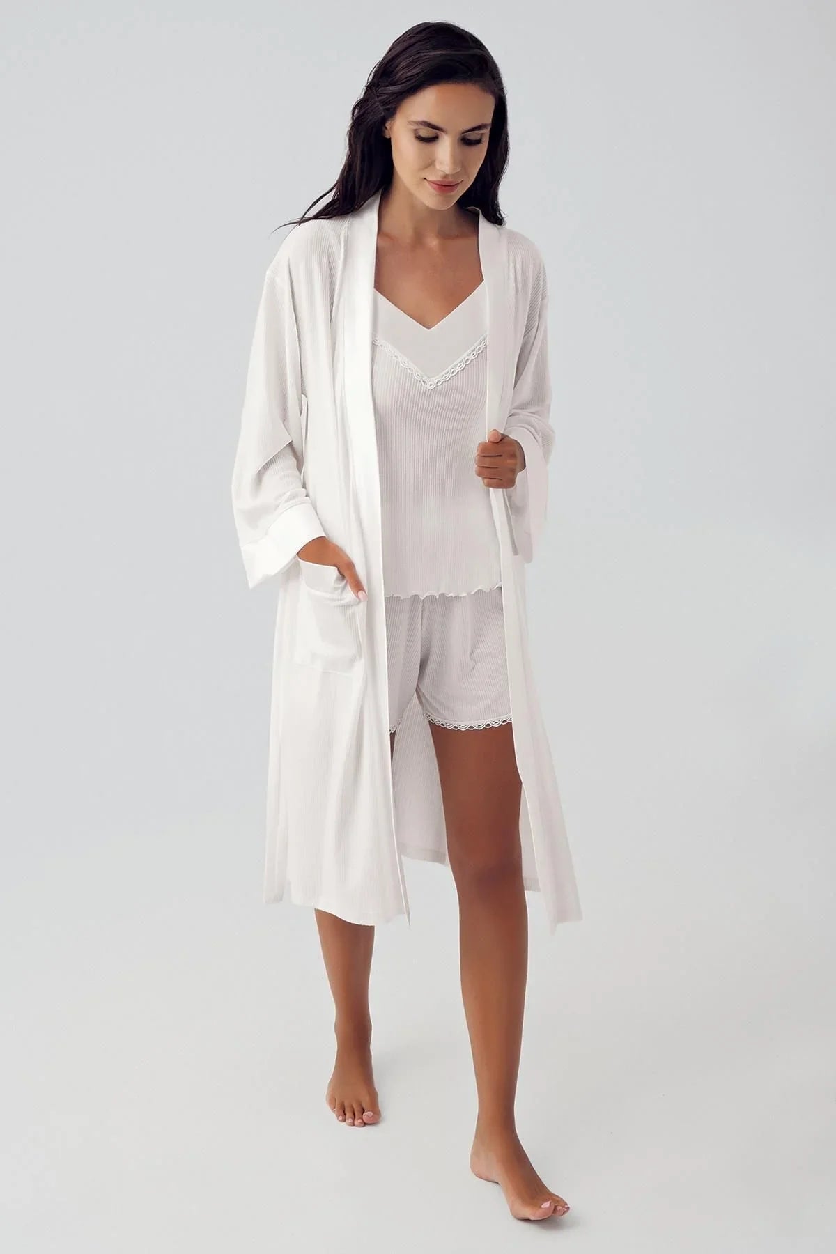 Kadın Esnek Viskoz Kısa Askılı Sabahlık Şortlu Pijama Takım 15306