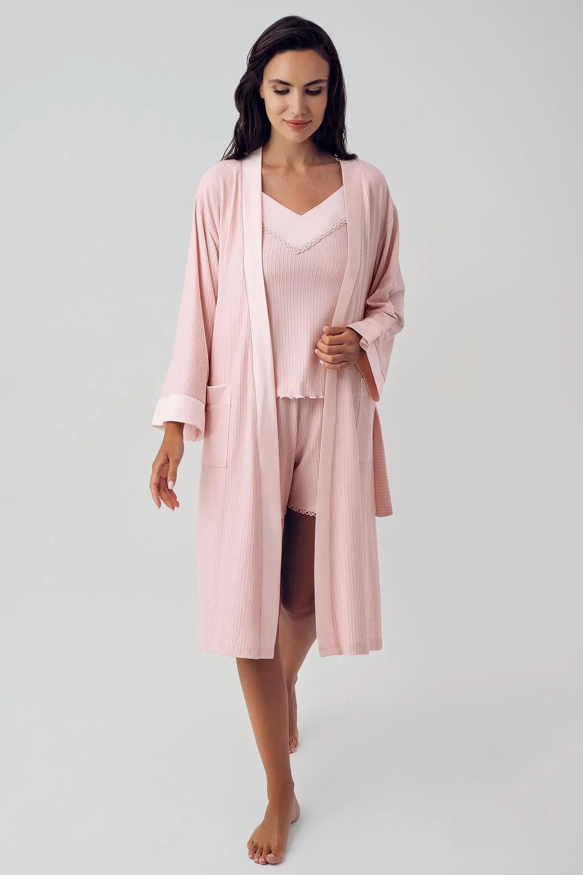 Kadın Esnek Viskoz Kısa Askılı Sabahlık Şortlu Pijama Takım 15306 - Artış Collection